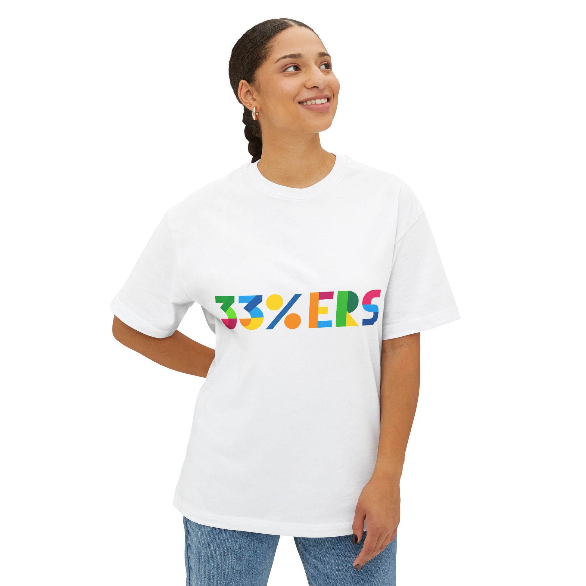 33%ers white t-shirt on female model relaxed boxy fit streetwear graphic tee