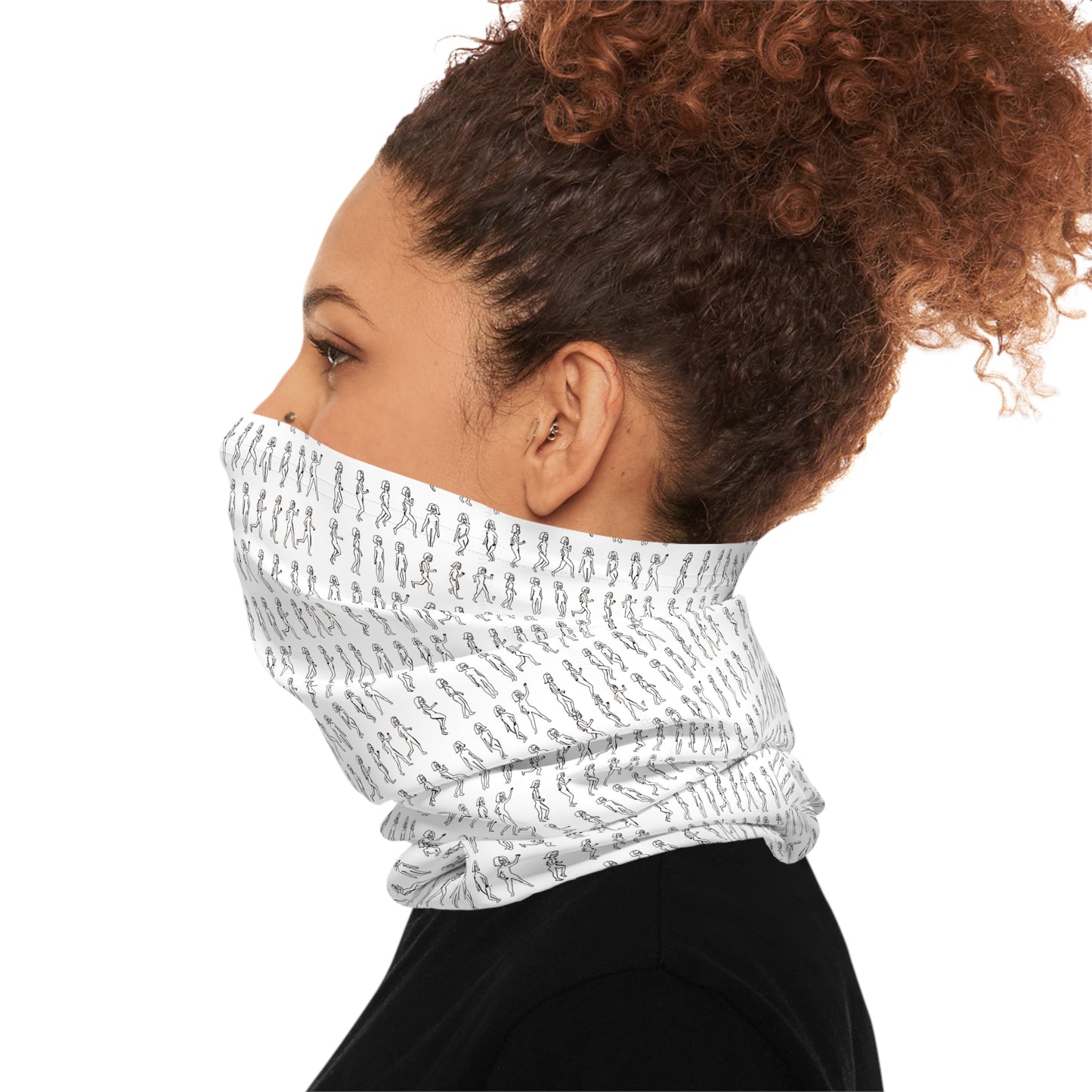 Person wearing a white patterned neck gaiter on a white background