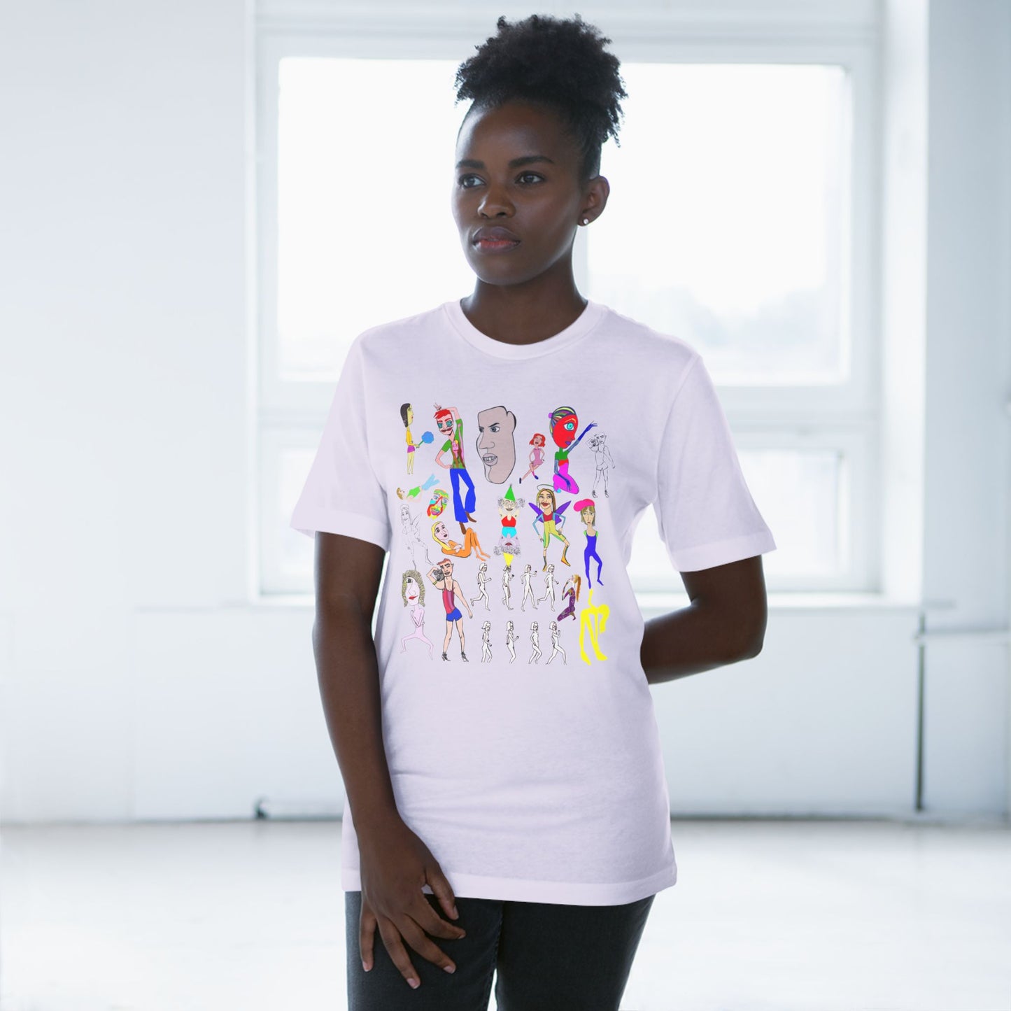 Female model wearing lavender Mix Unisex Deluxe T-Shirt with colorful artwork design.