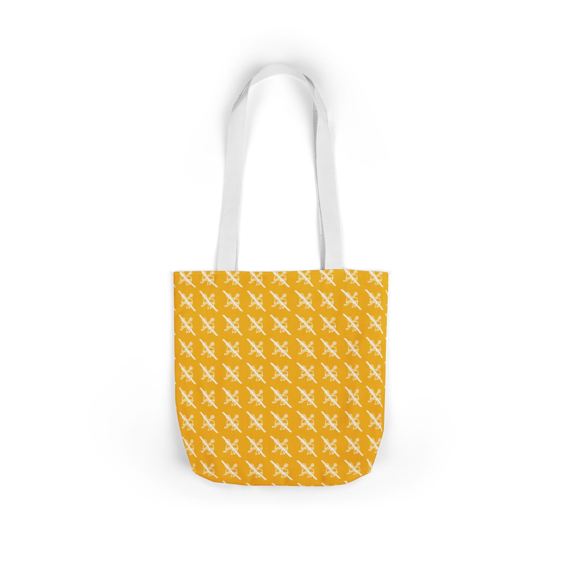 Front view of Proudly Childless yellow tote bag with white handles against white background