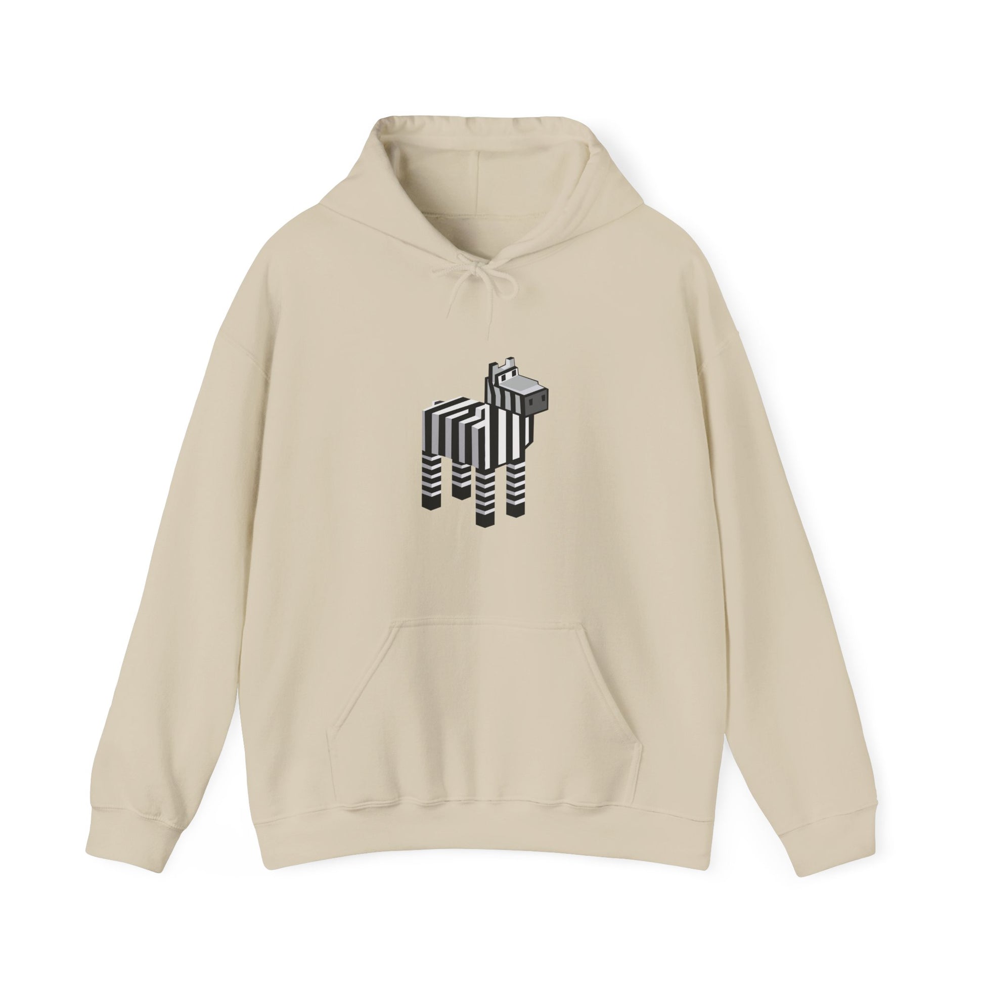Arcade Zebra Hooded Sweatshirt – Retro Gaming Pixel Hoodie in beige front view