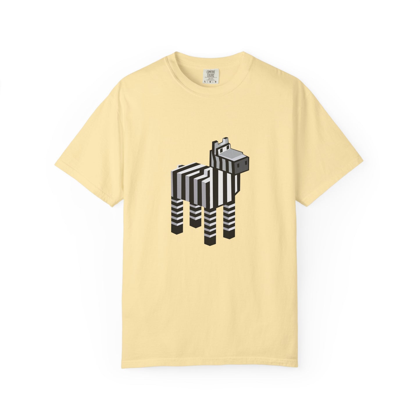 Unisex Pixel Zebra T-Shirt flat lay in yellow with pixel zebra design