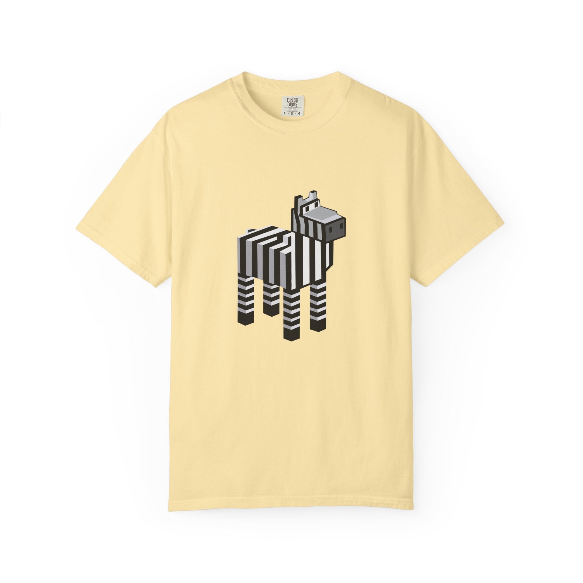 Unisex Pixel Zebra T-Shirt flat lay in yellow with pixel zebra design