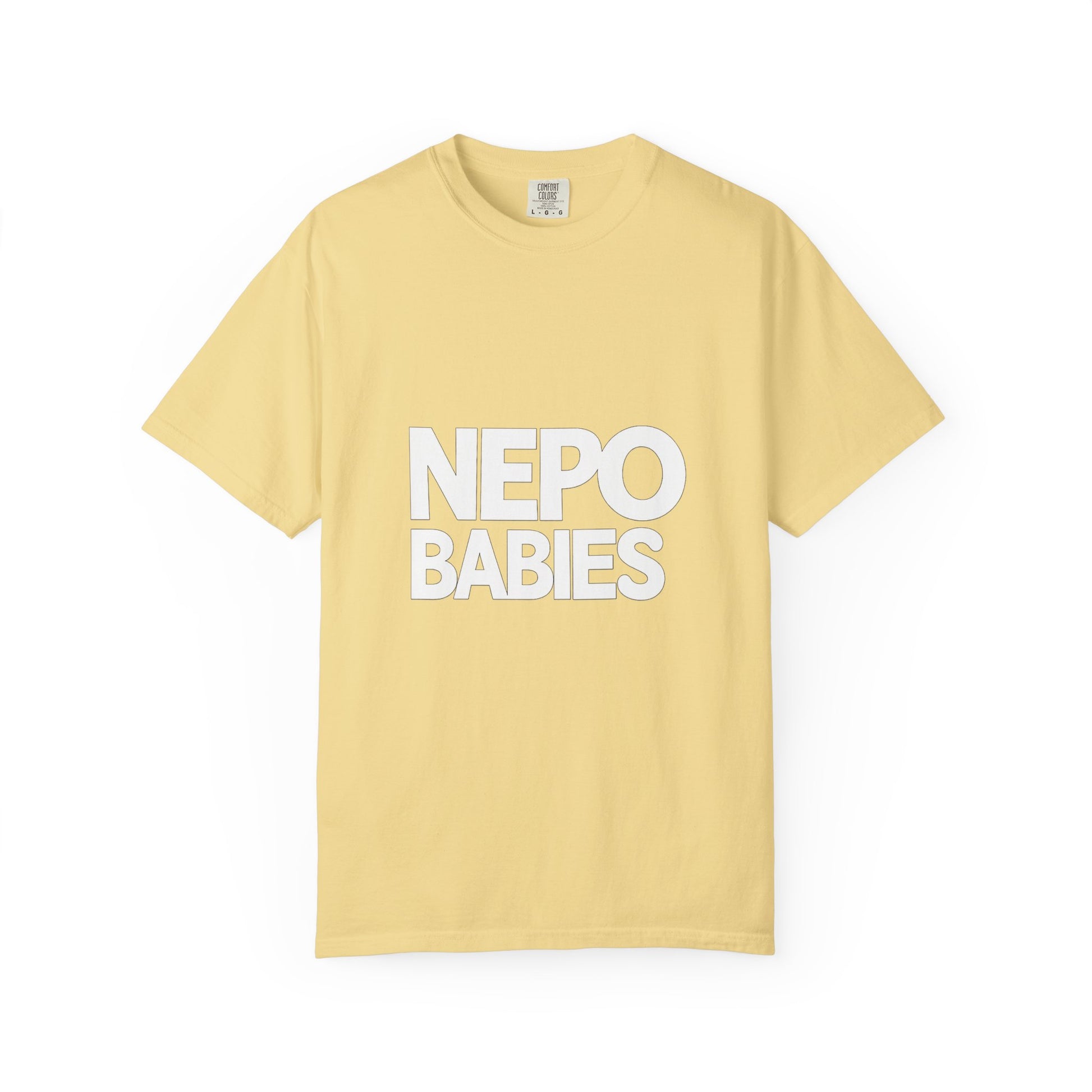 Yellow t-shirt with 'NEPO BABIES' text on a white background
