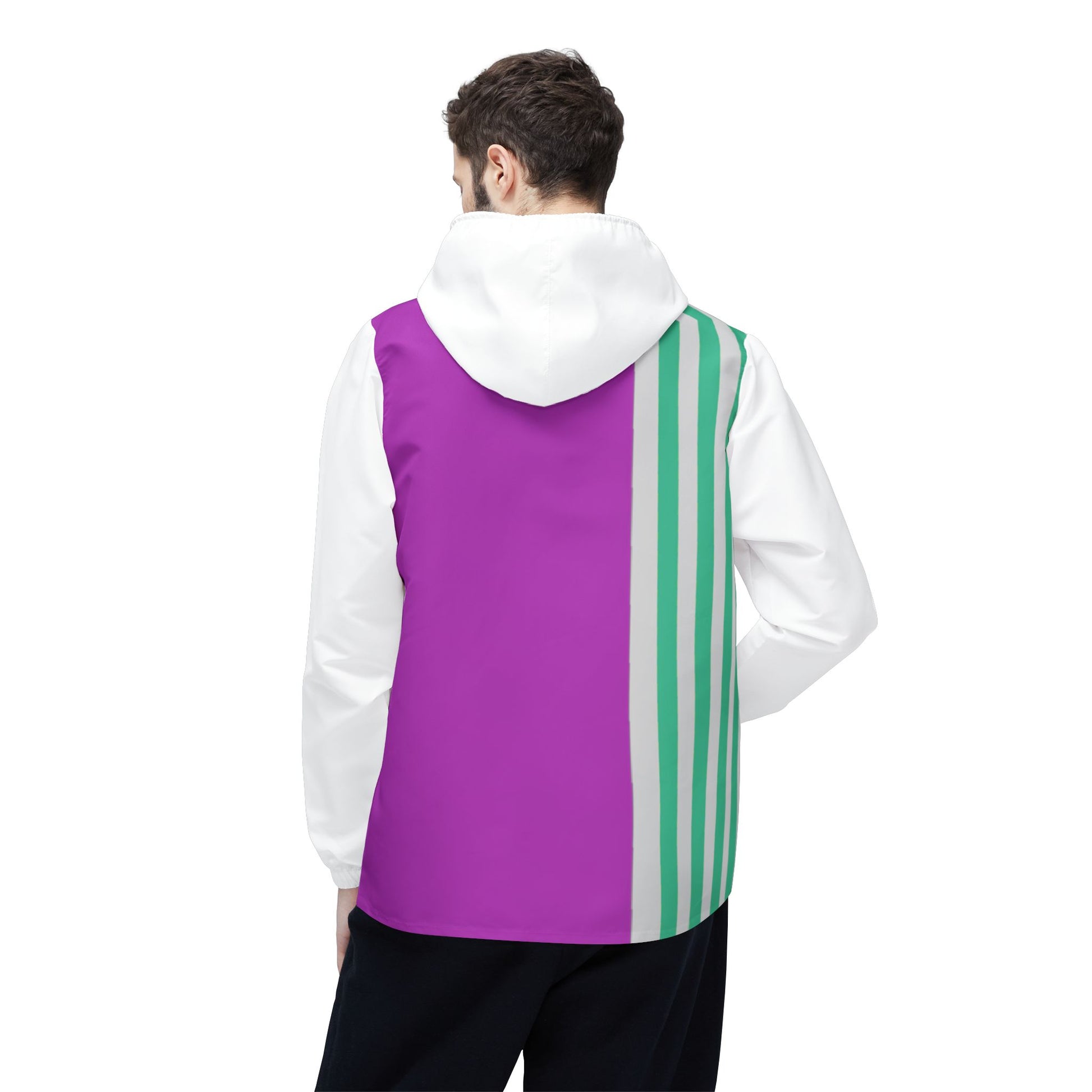 Male model wearing Retro Pink & Green Windbreaker Jacket side profile with white sleeve.