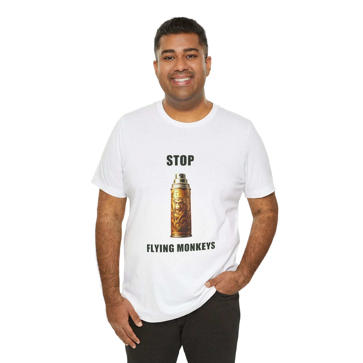 Man wearing white Stop Flying Monkeys T-Shirt Alternate Version smiling