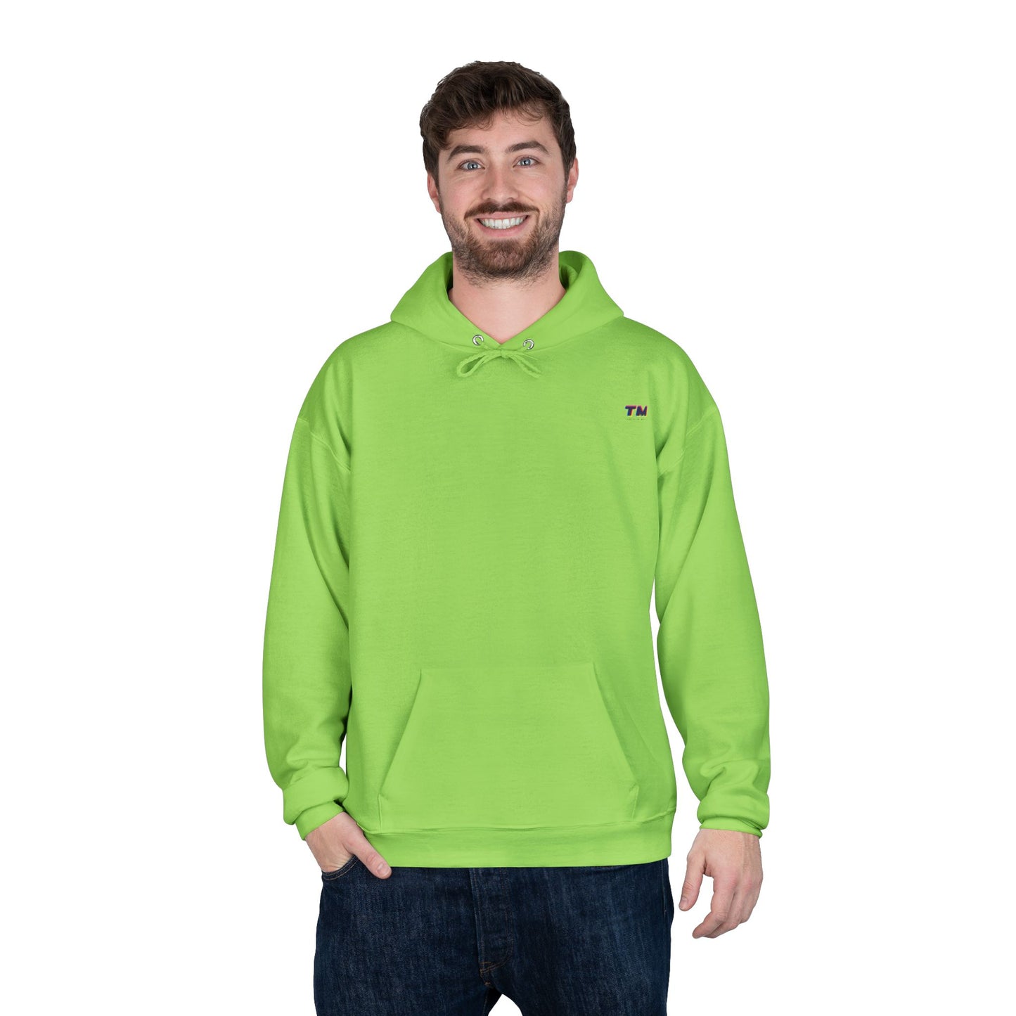 Man wearing lime green EcoSmart hoodie with front pocket.