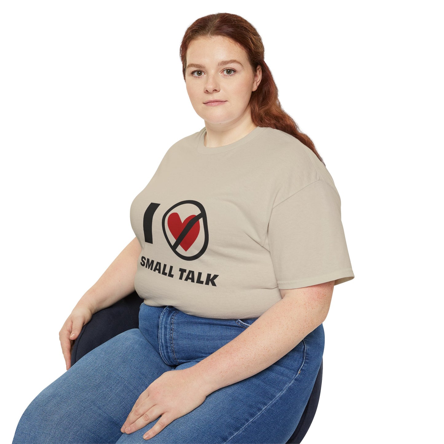 Plus size woman wearing beige unisex I Hate Small Talk T Shirt smiling