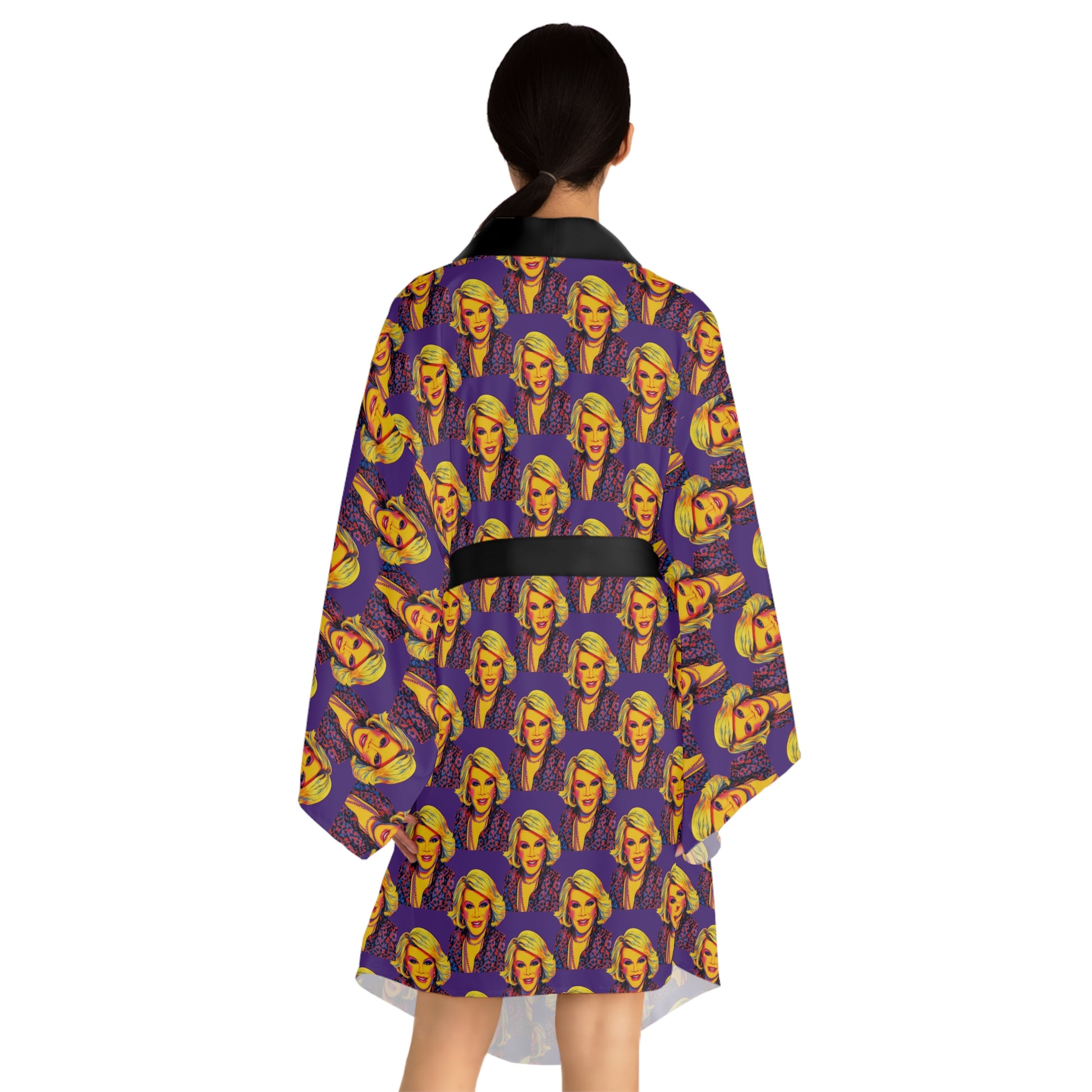 Back view of woman wearing Joan Forever long sleeve kimono robe showing relaxed fit and all over pop art print.