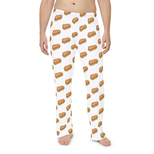 Front view of men’s white pajama pants with repeating chopped cheese sandwich print.