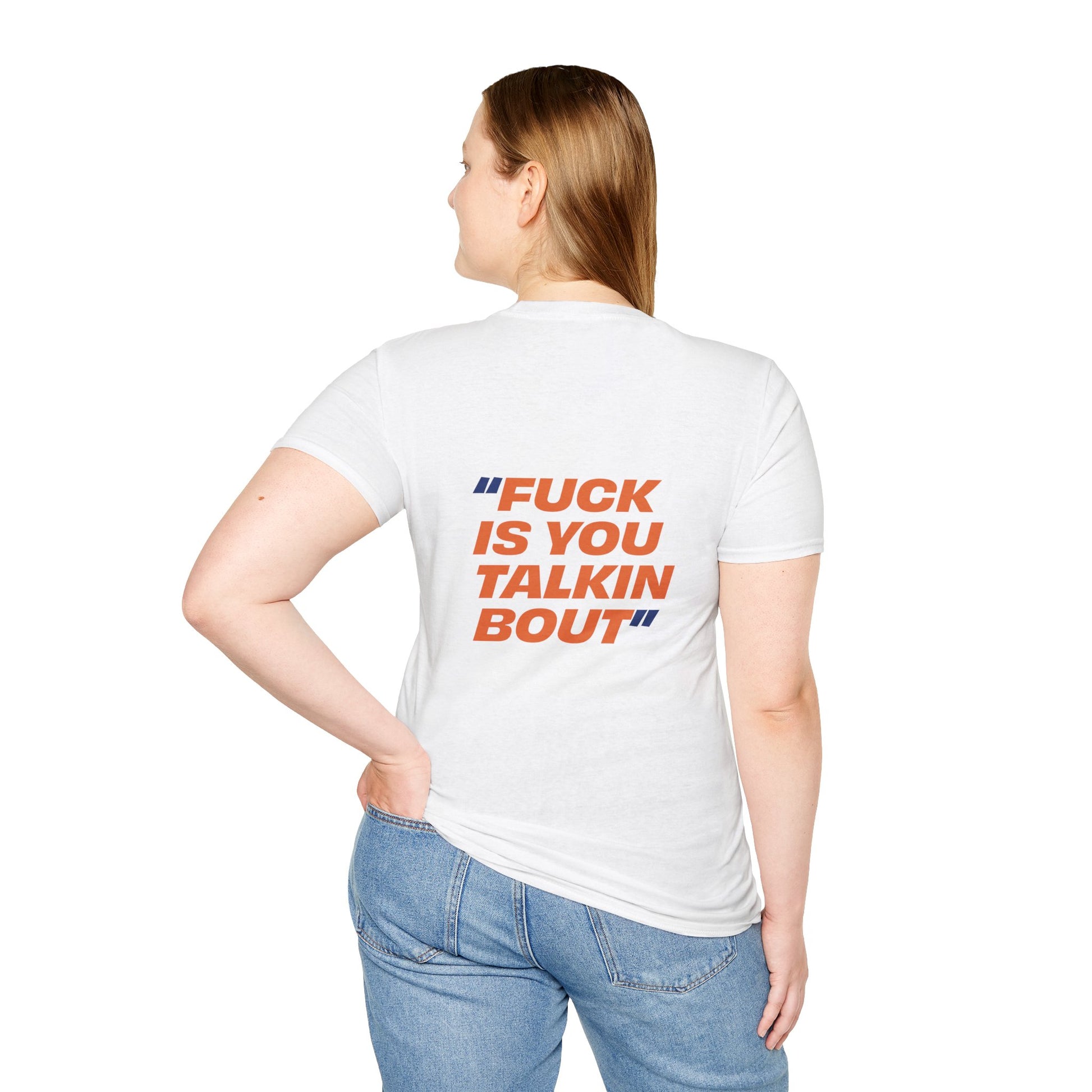 Woman in white t-shirt turned around to show oversized statement text on the back