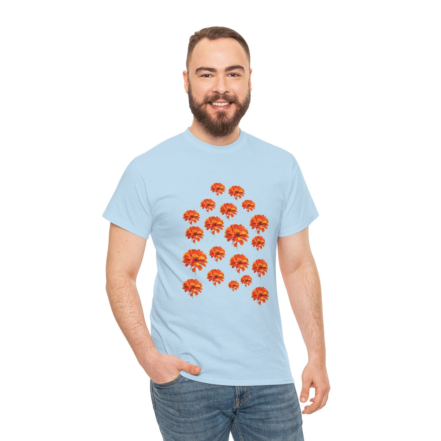 Man wearing light blue Zinnia T-Shirt with orange flower design front view