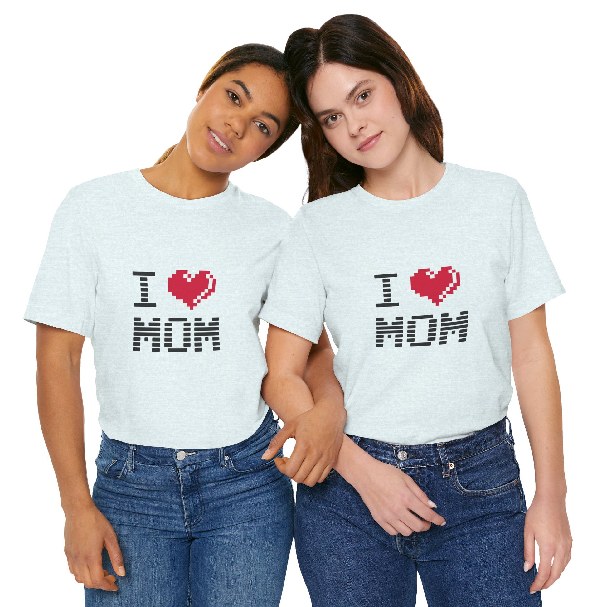 Couple wearing matching white I Love Mom Pixel Tees smiling