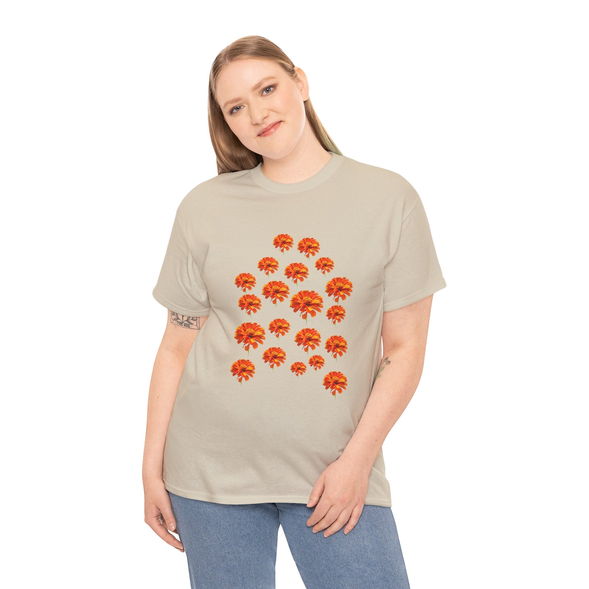 Woman wearing beige Zinnia T-Shirt with orange flower design front view