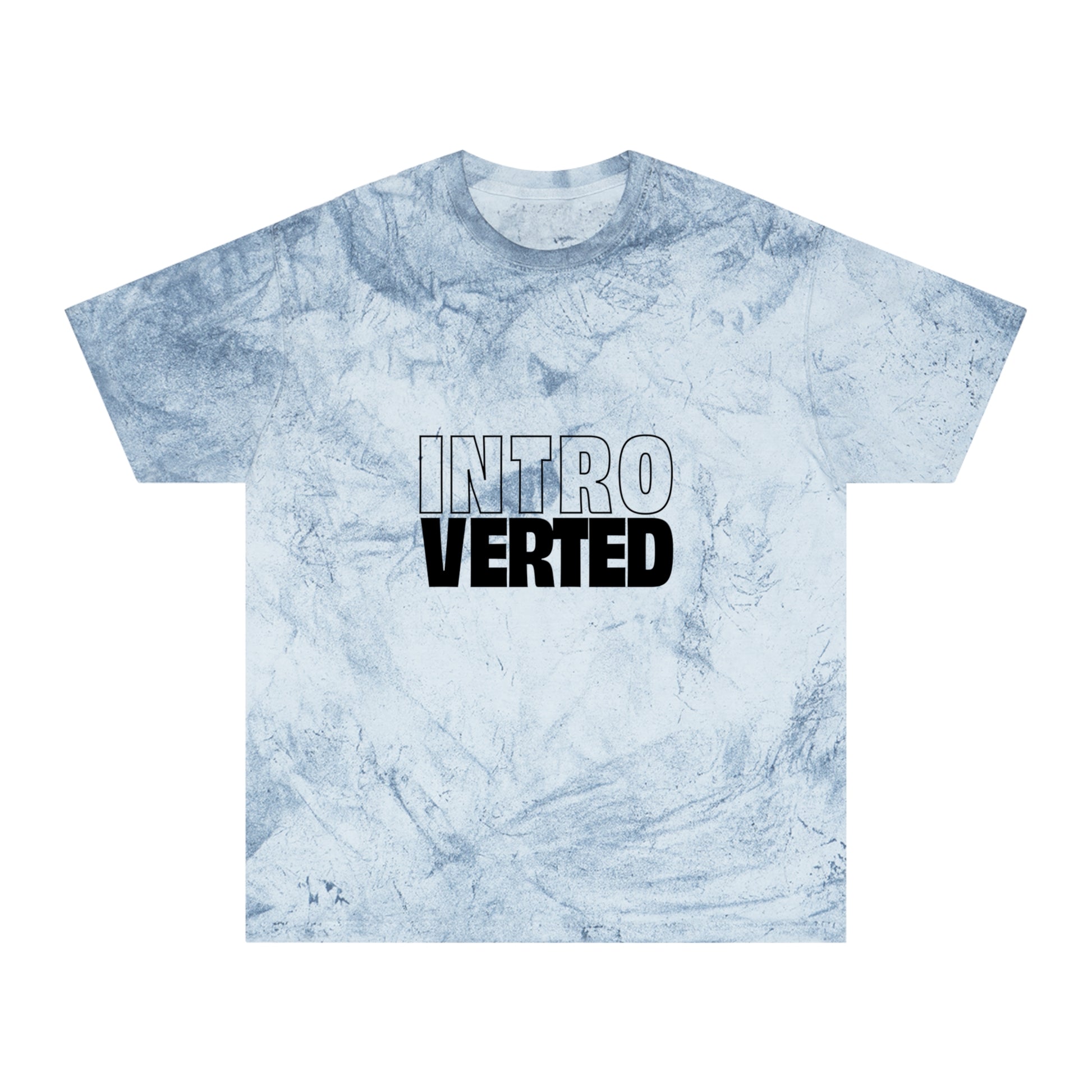 Flat lay of blue tie-dye Introverted Color Blast T-Shirt
