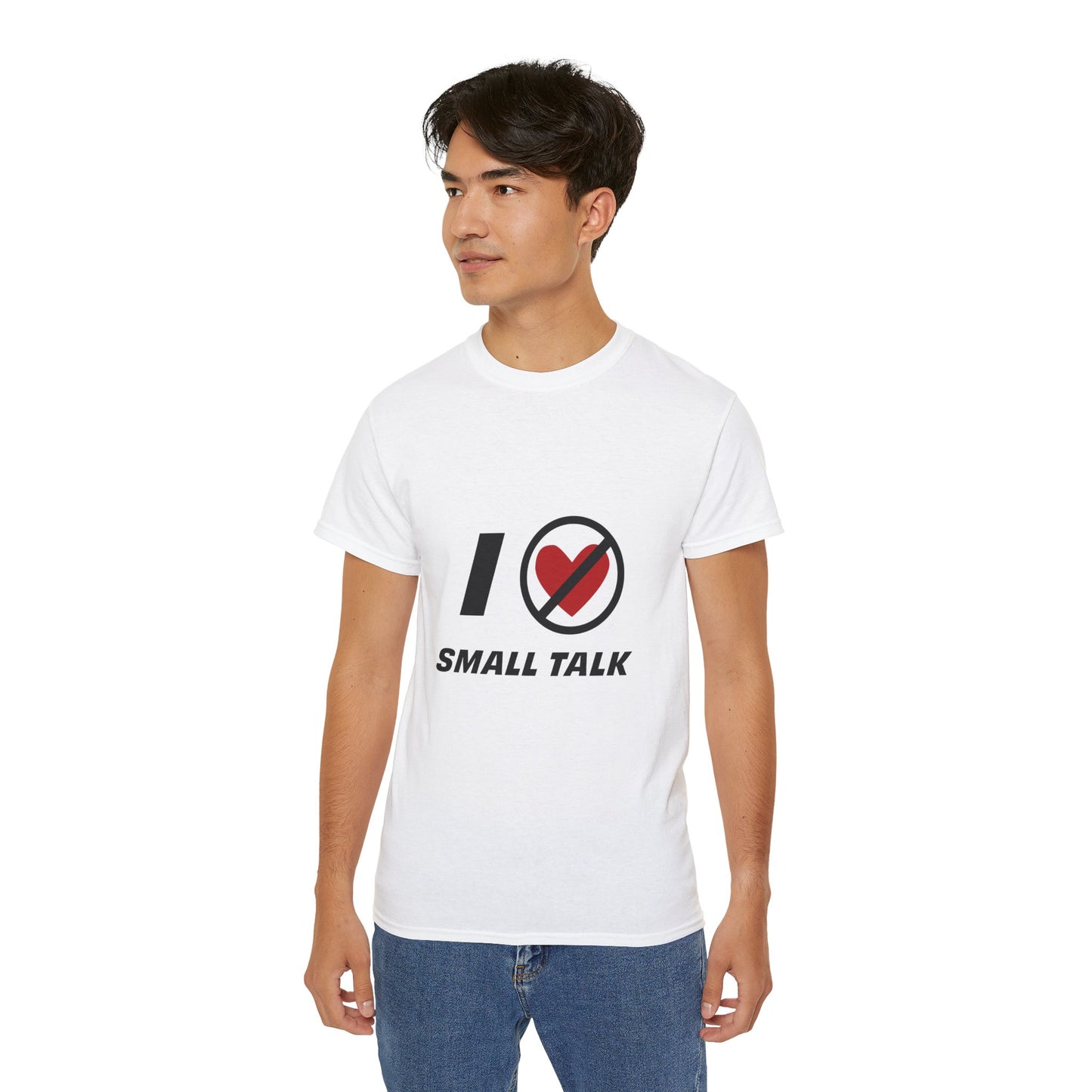 Man wearing white unisex I Hate Small Talk T Shirt standing casually