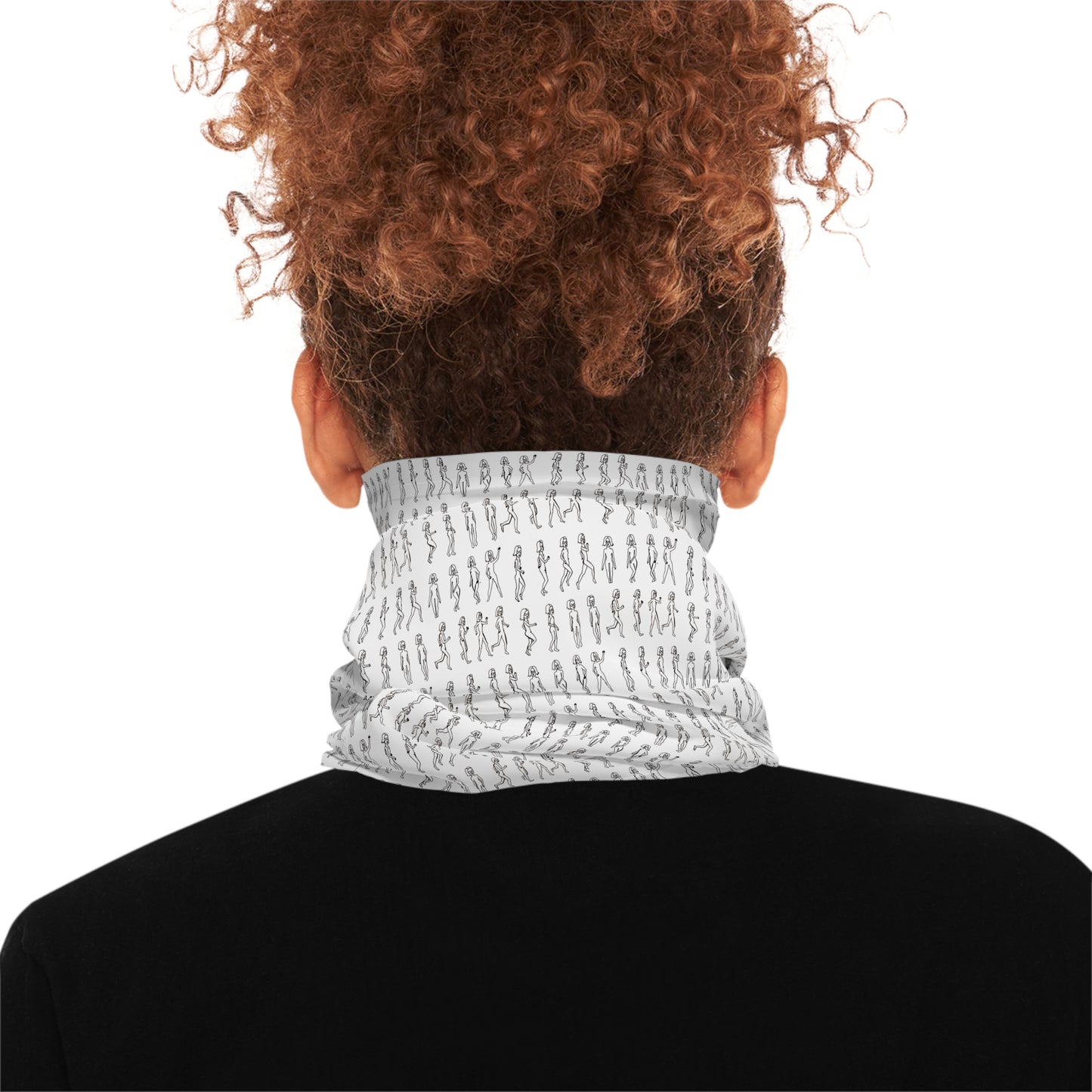 Person wearing a patterned neck gaiter on a white background