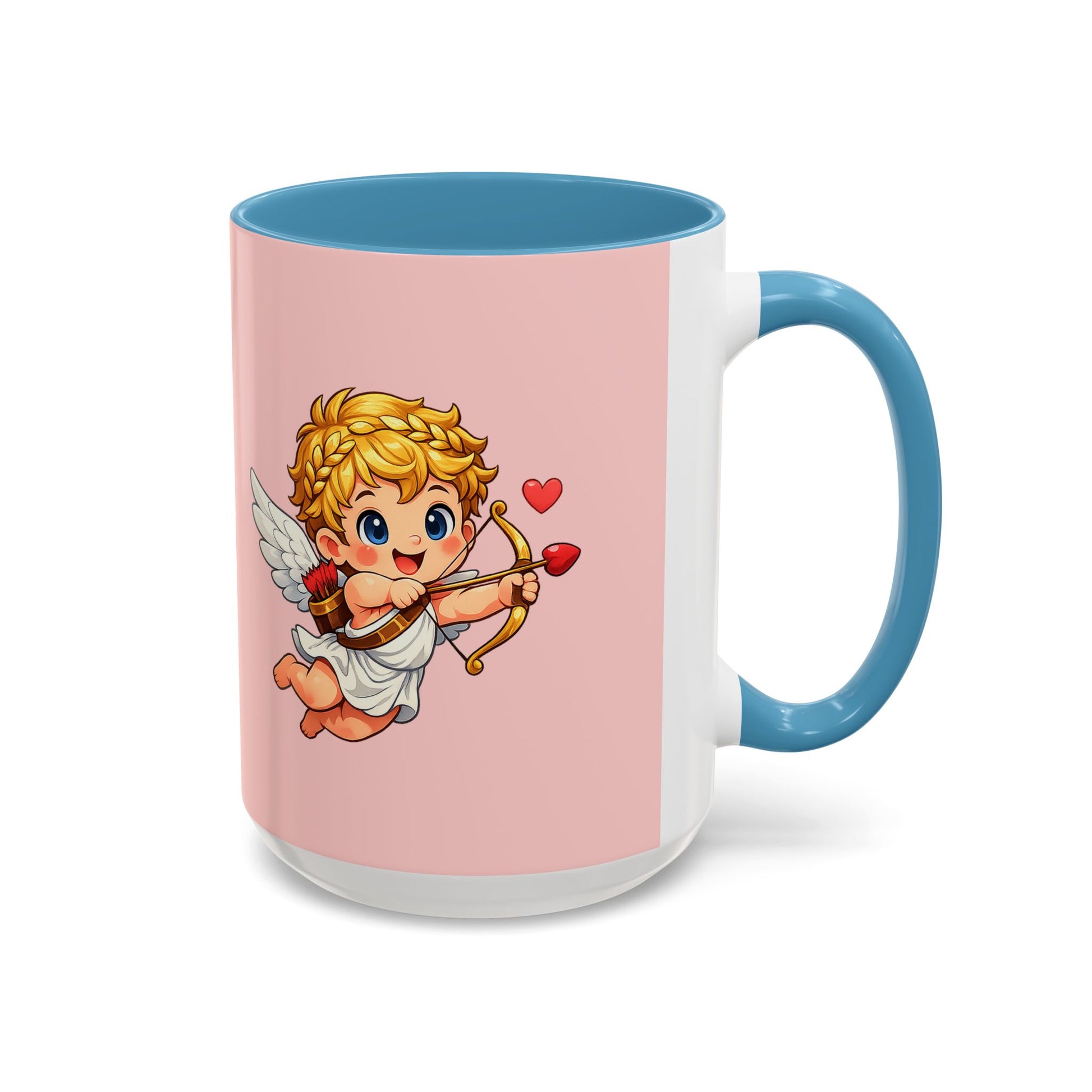 Mug with cartoon cupid design on a pink background
