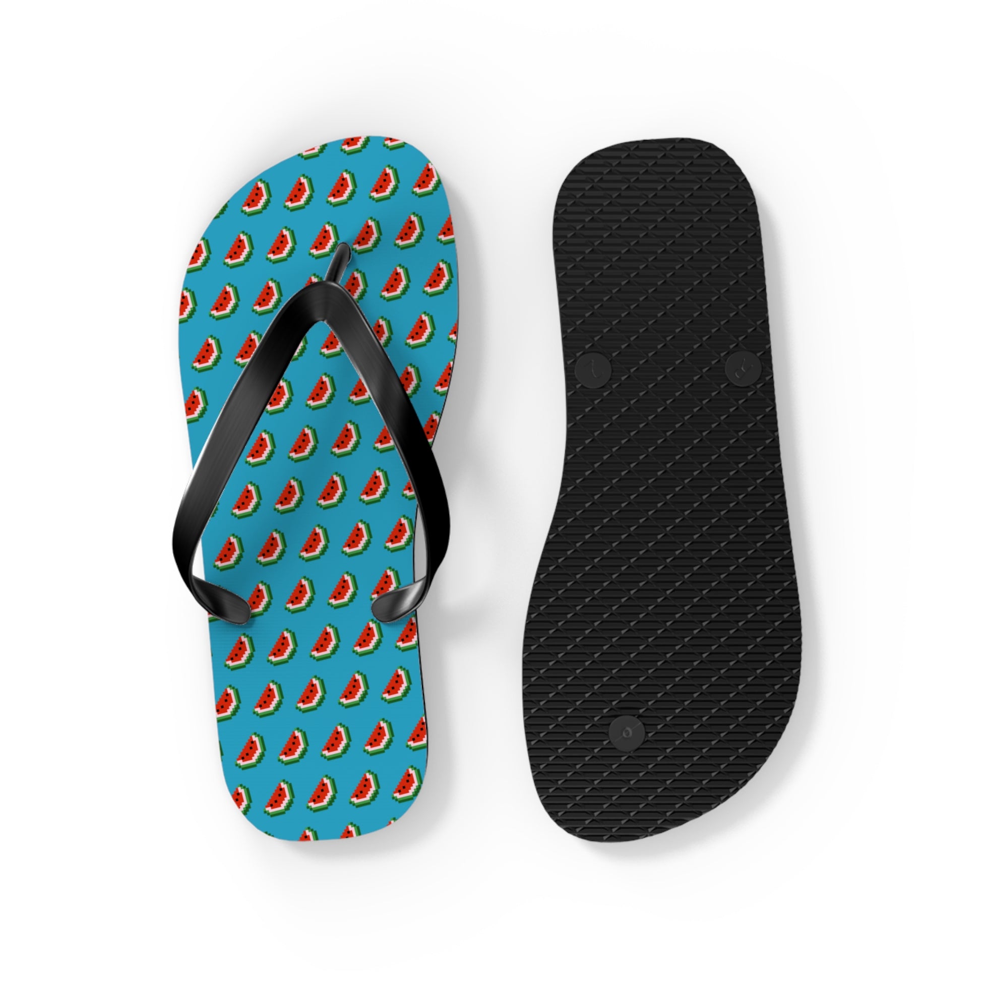 Bottom view of watermelon flip flops showing black soles