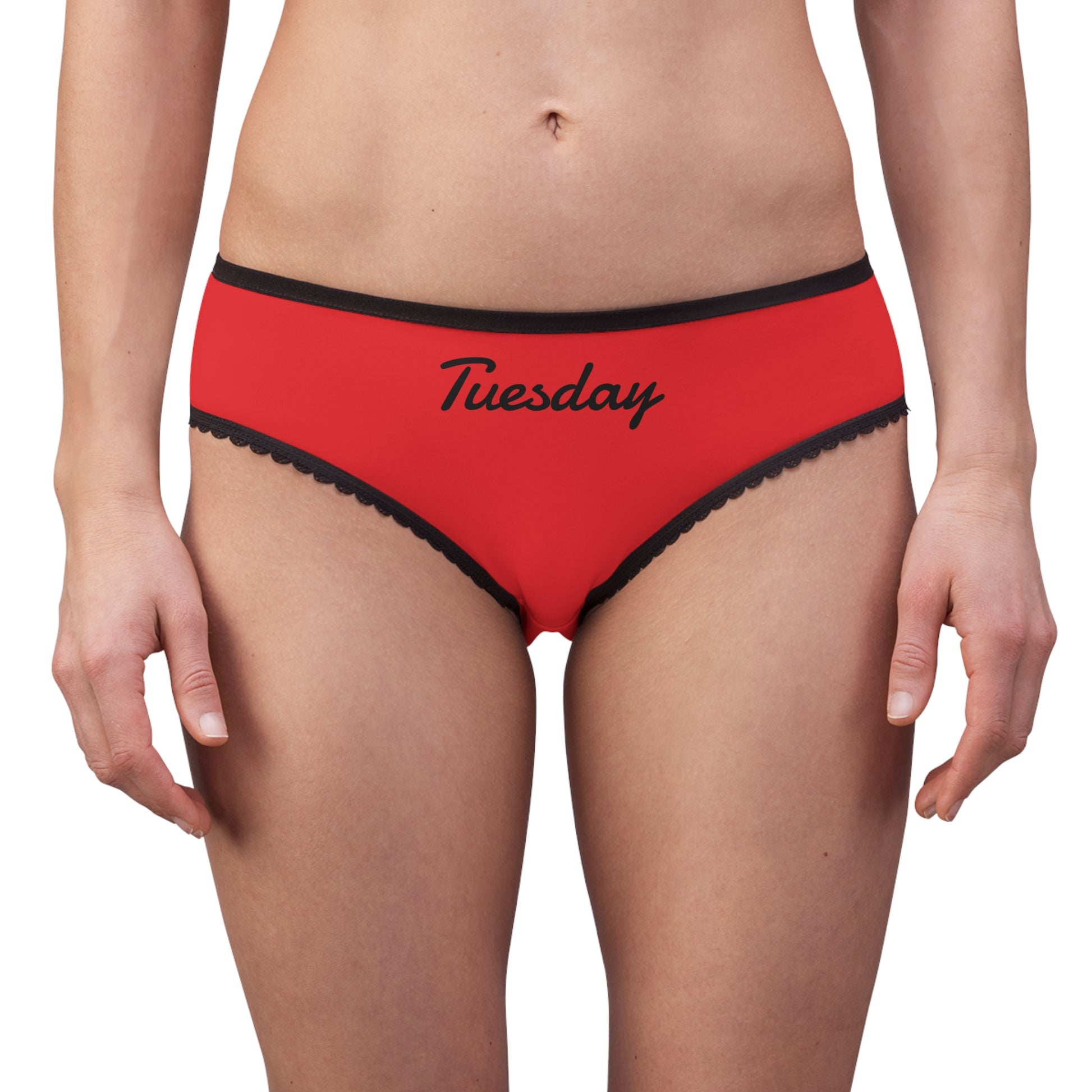 woman wearing tuesday underwear red briefs black trim front view
