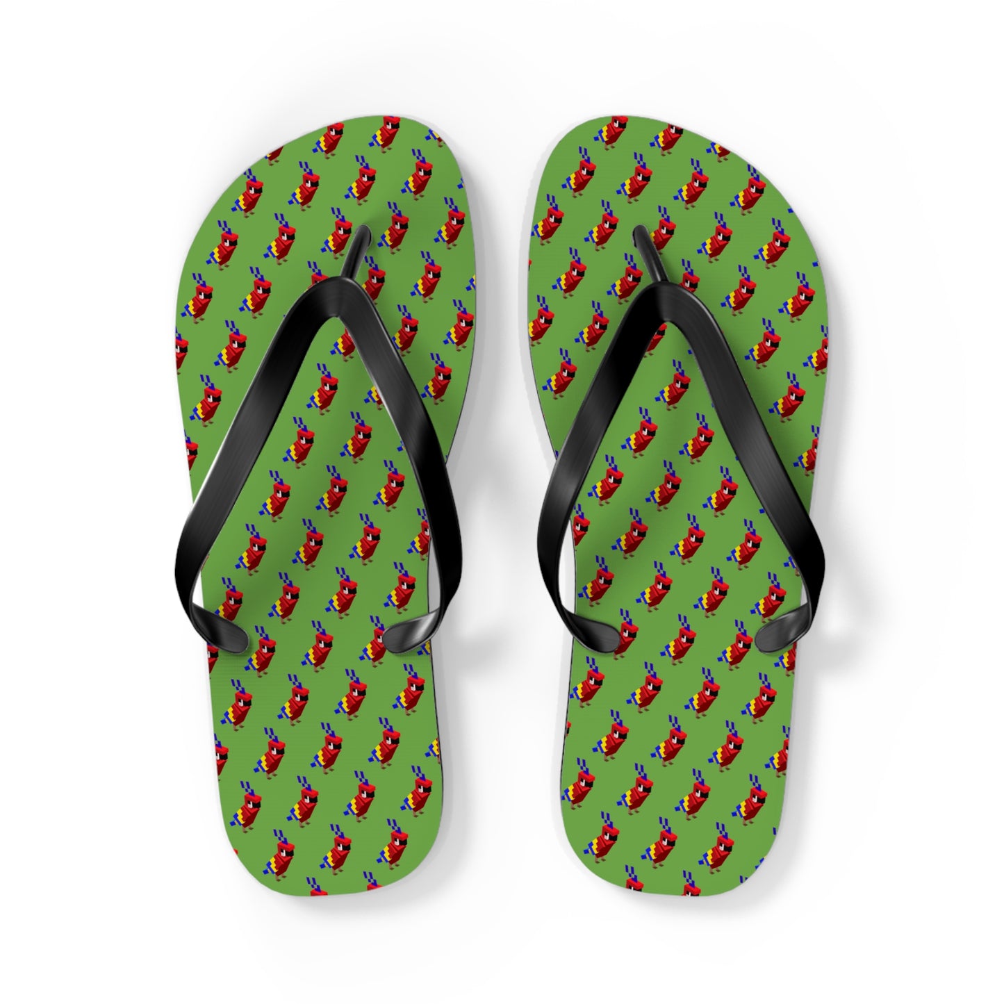 Arcade Parrot Flip Flops top view with pixel parrot pattern