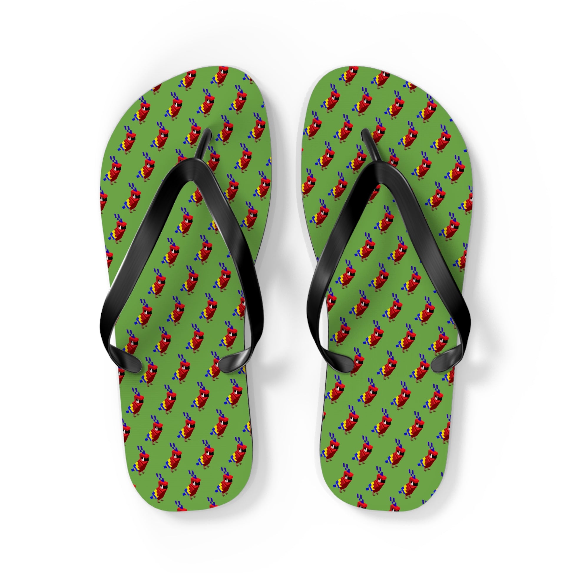 Arcade Parrot Flip Flops top view with pixel parrot pattern