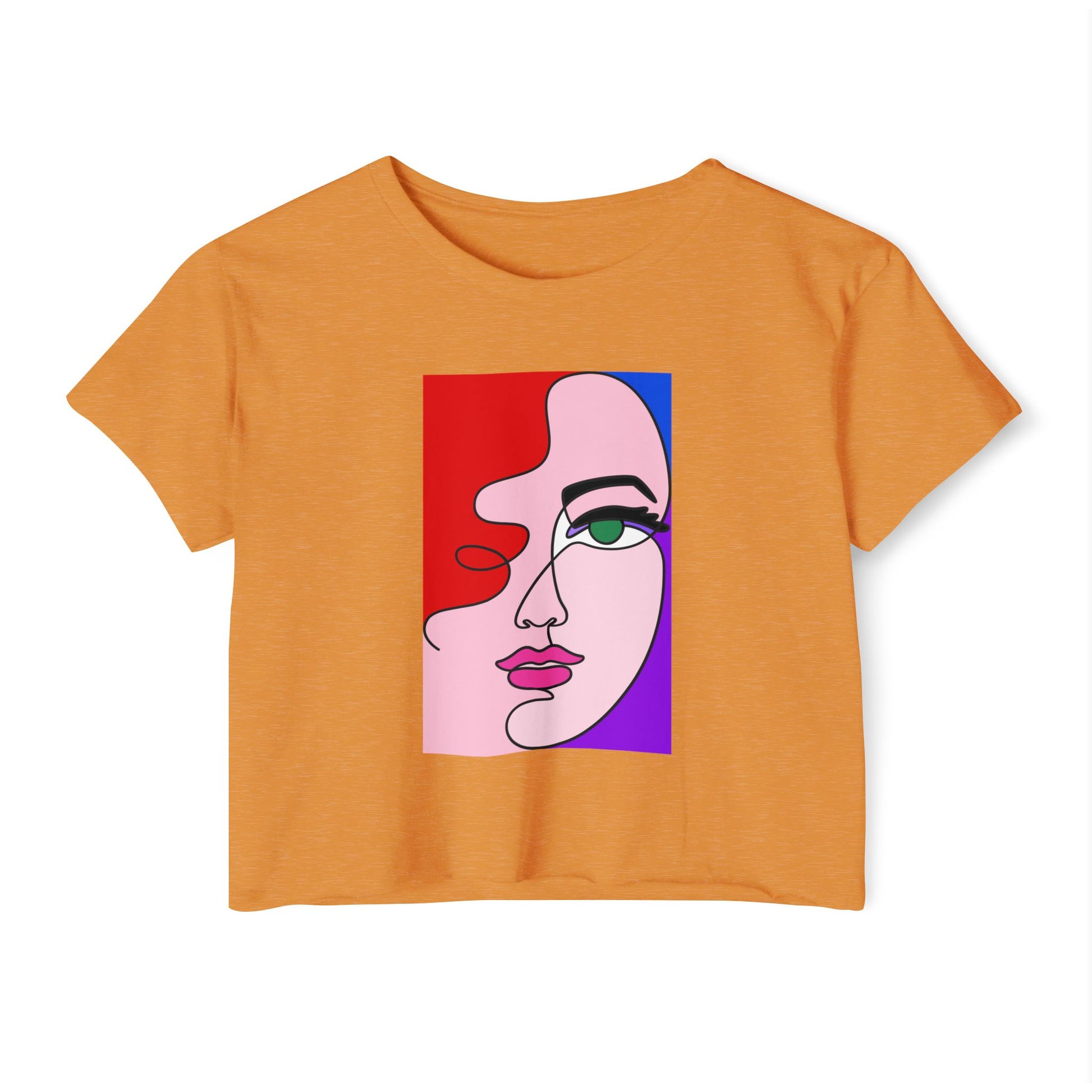 orange women’s crop top with colorful abstract face illustration