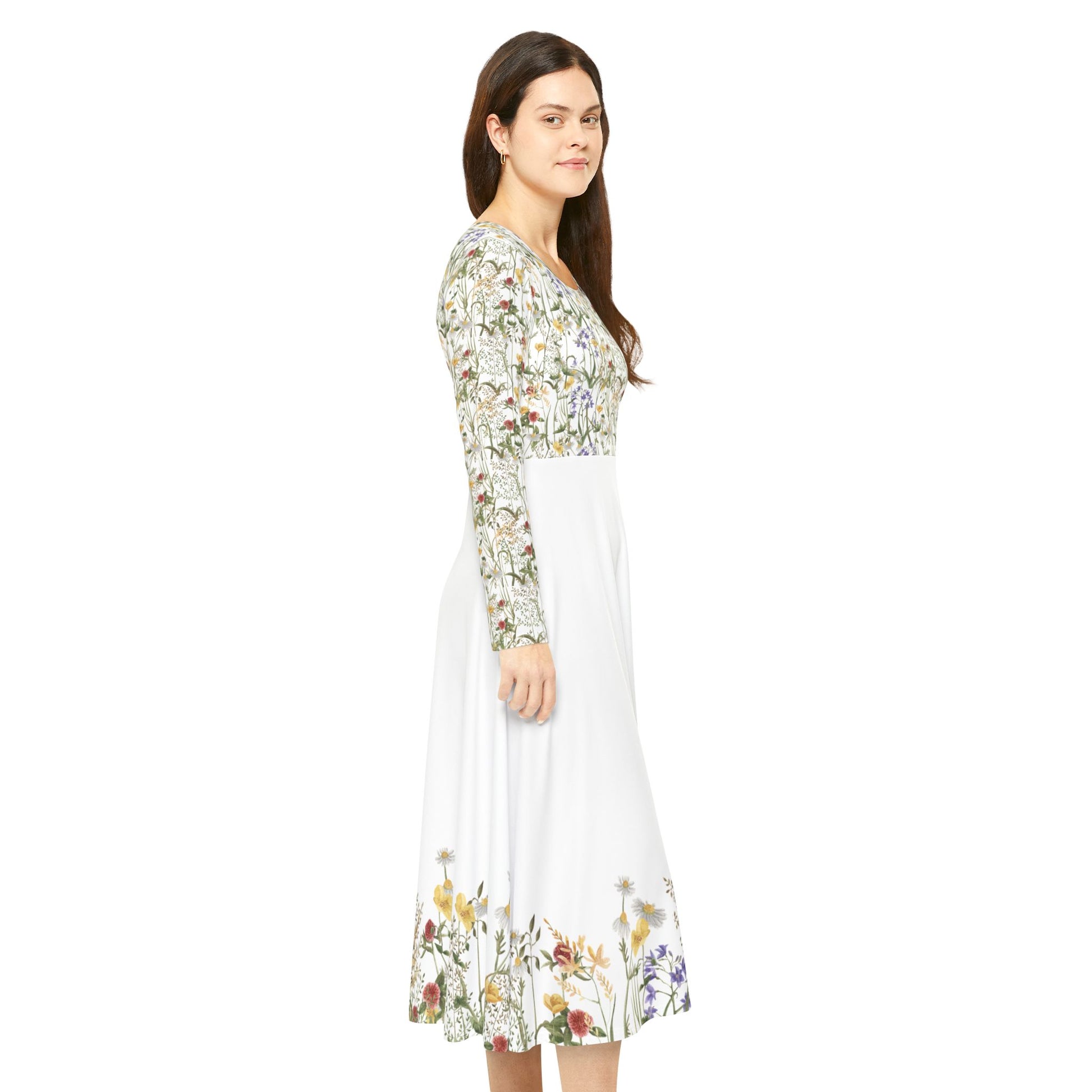 Woman wearing long sleeve floral midi dress with wildflower print

