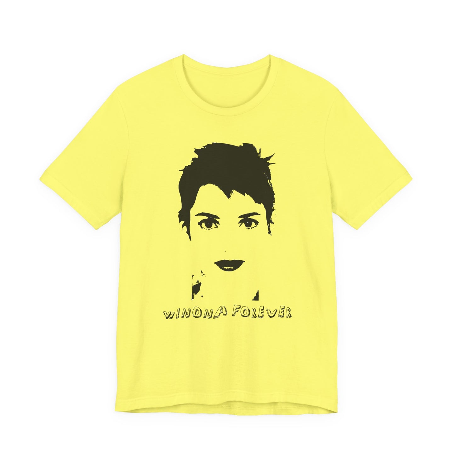 Yellow t-shirt with black graphic and 'Winona Forever' text on a white background