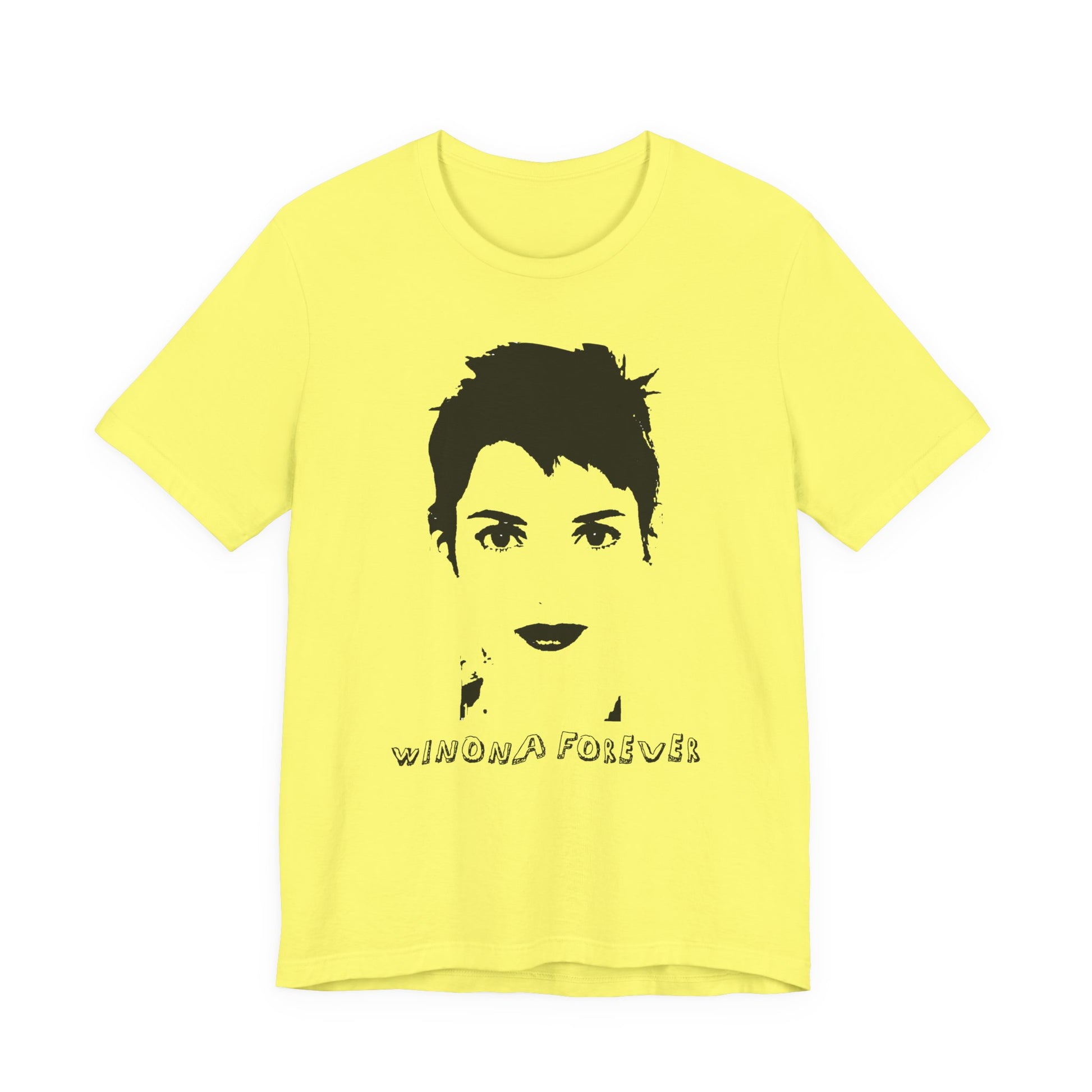 Yellow t-shirt with black graphic and 'Winona Forever' text on a white background