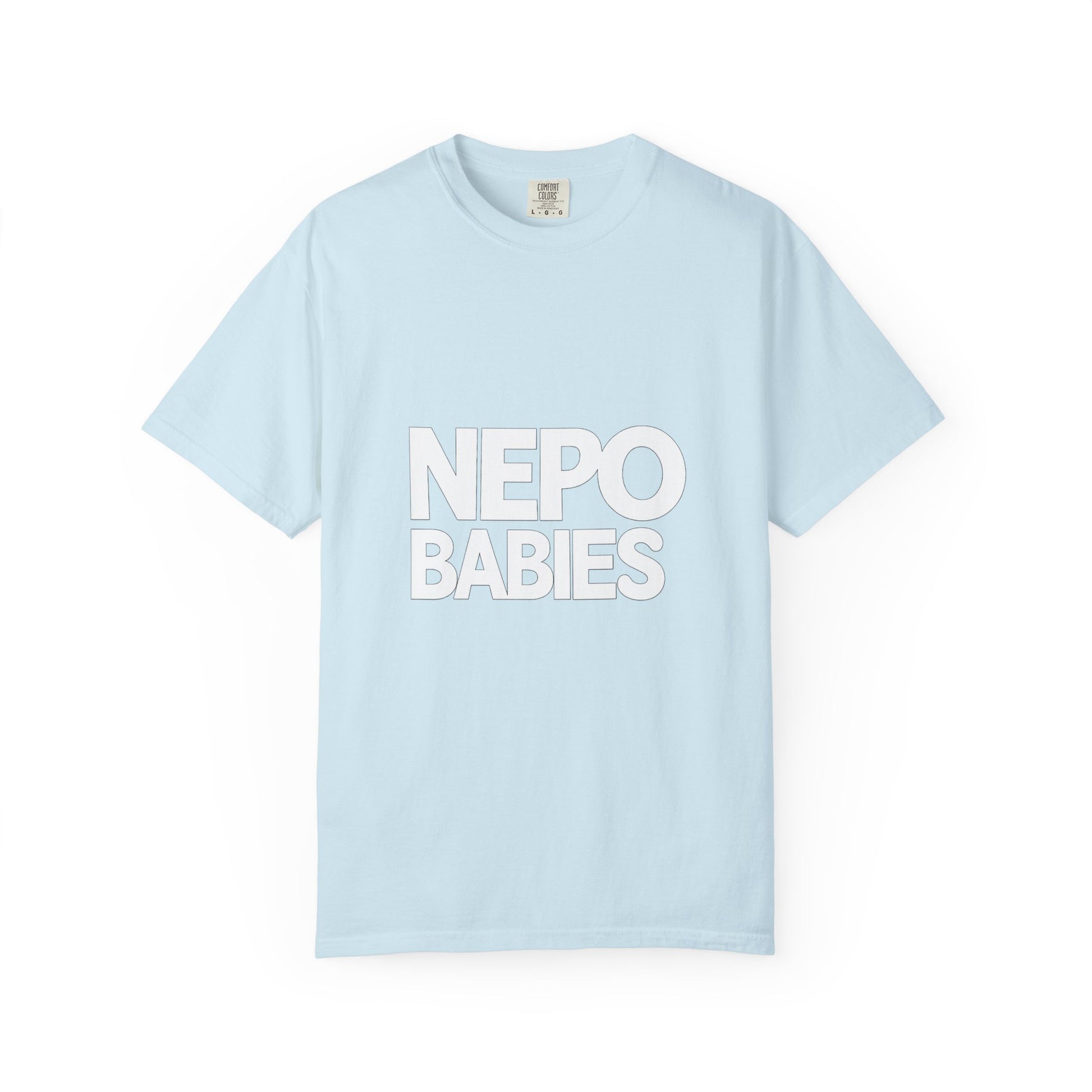 Light blue t-shirt with 'NEPO BABIES' text on a white background
