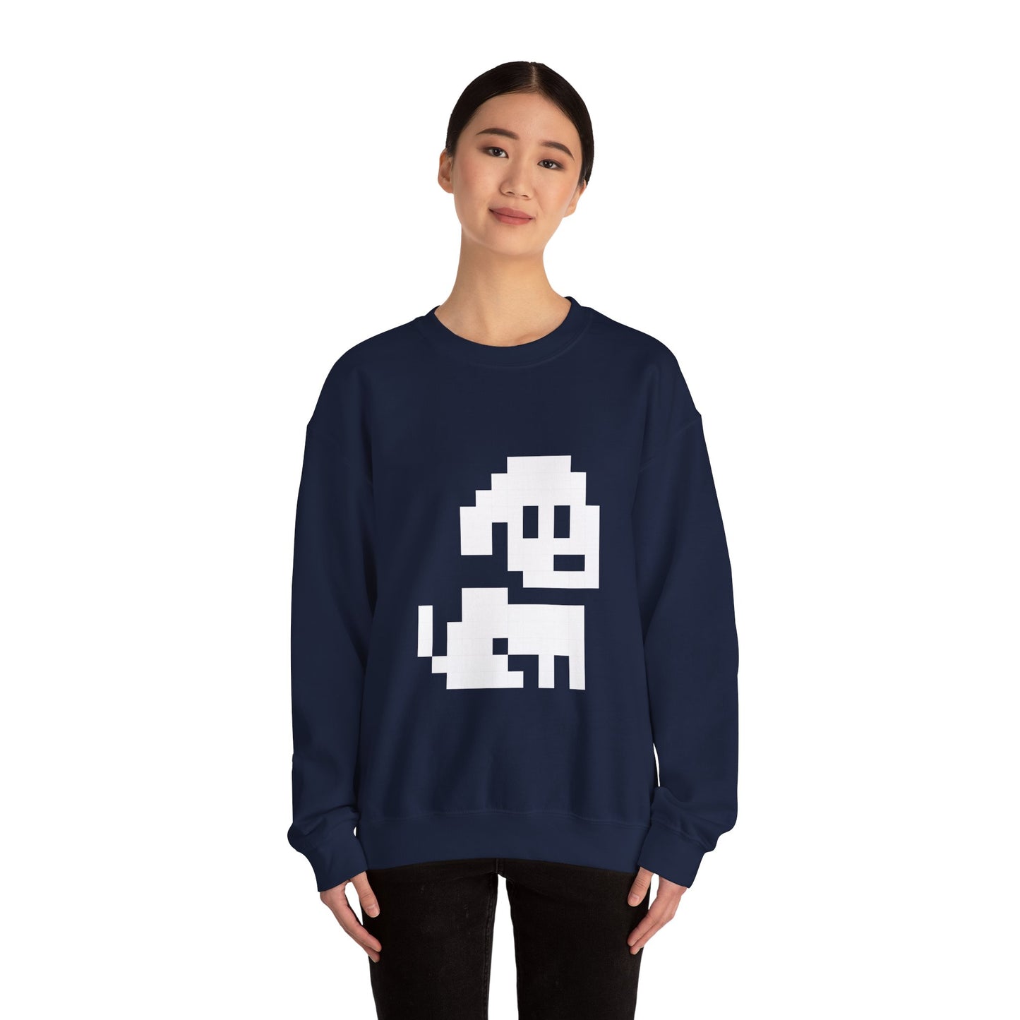 Person wearing a navy blue sweatshirt with a white pixelated graphic design on a white background