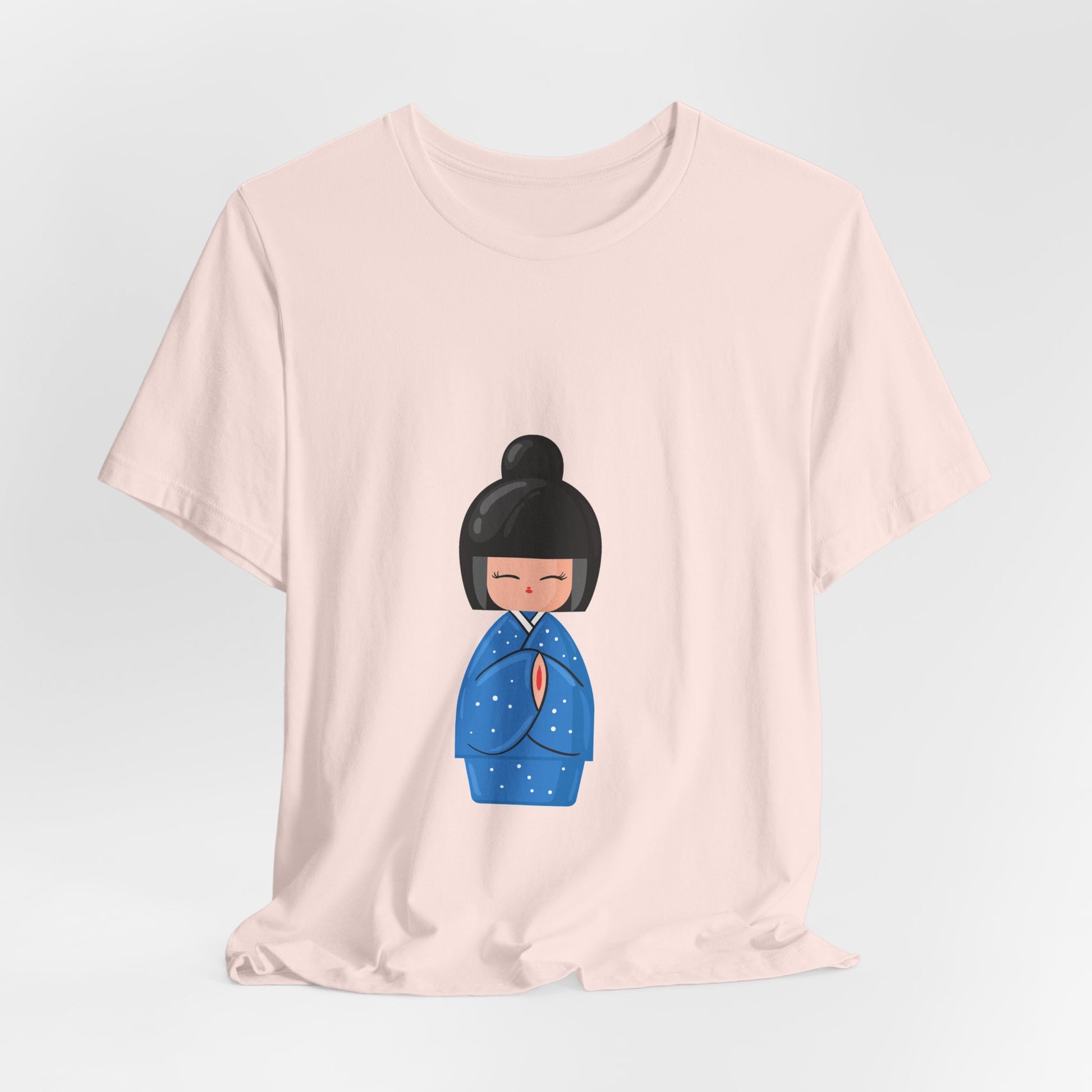 Pink Geisha Blue T-Shirt folded with geisha graphic in blue kimono