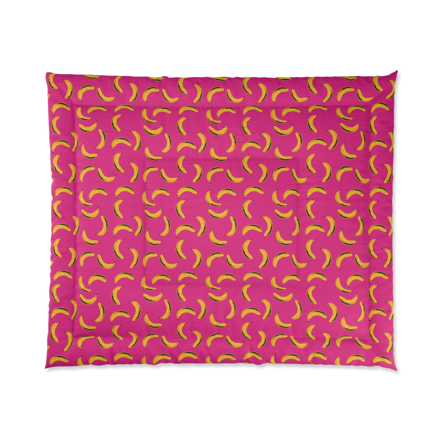 Square view of banana print comforter with pink background and yellow bananas