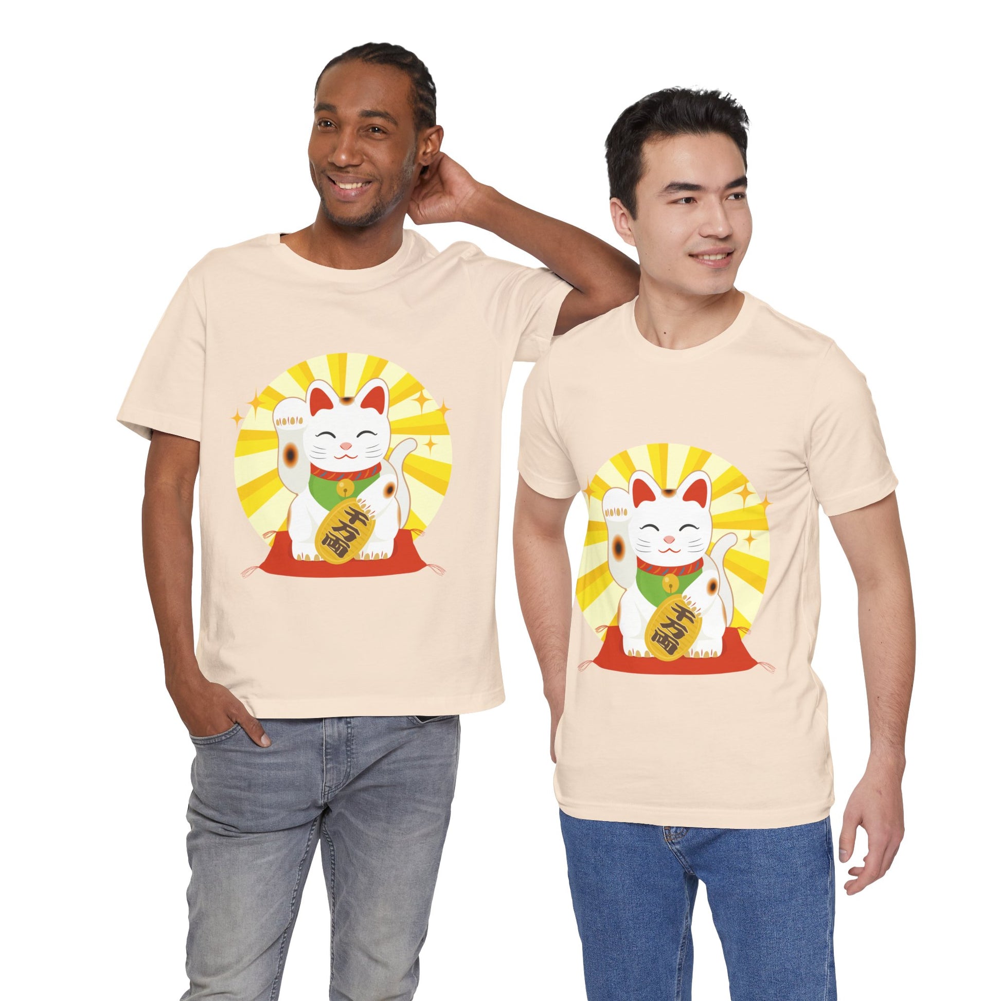 Two men wearing peach  t-shirts with a maneki-neko design on a white background