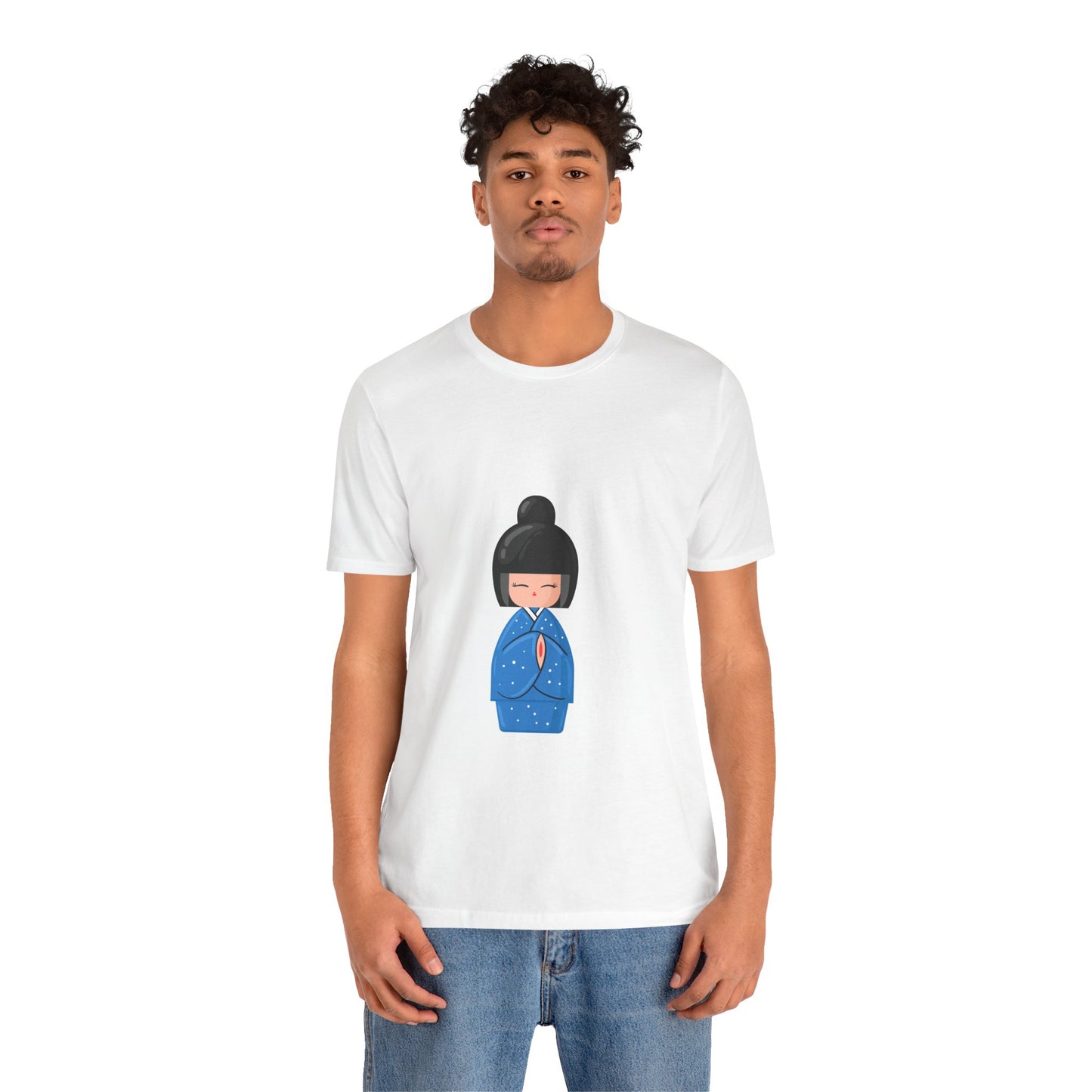 Man in white Geisha Blue T-Shirt styled for everyday casual wear