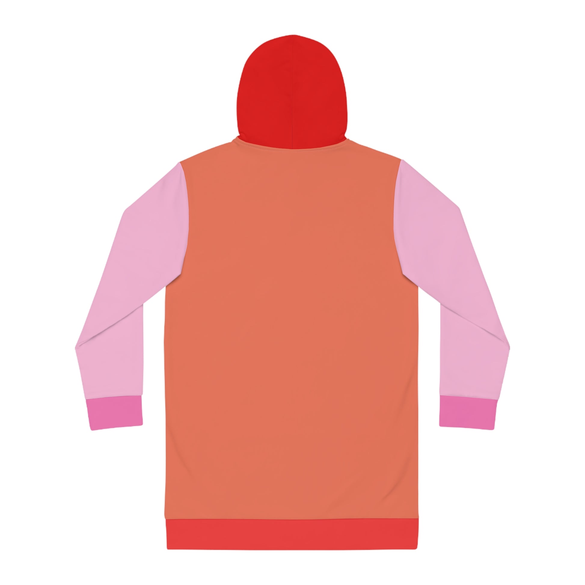 Back view of Pink and Orange Hoodie Dress with red hood and orange body