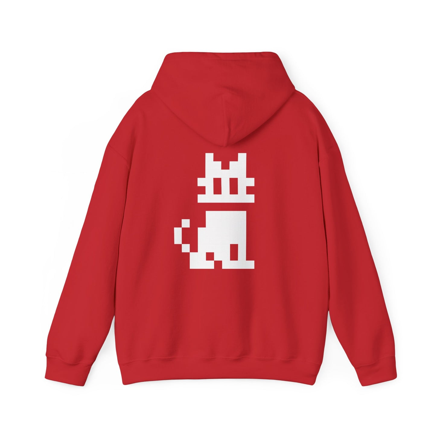Pixel Cat Unisex Hoodie red flat lay with pixel cat graphic on back
