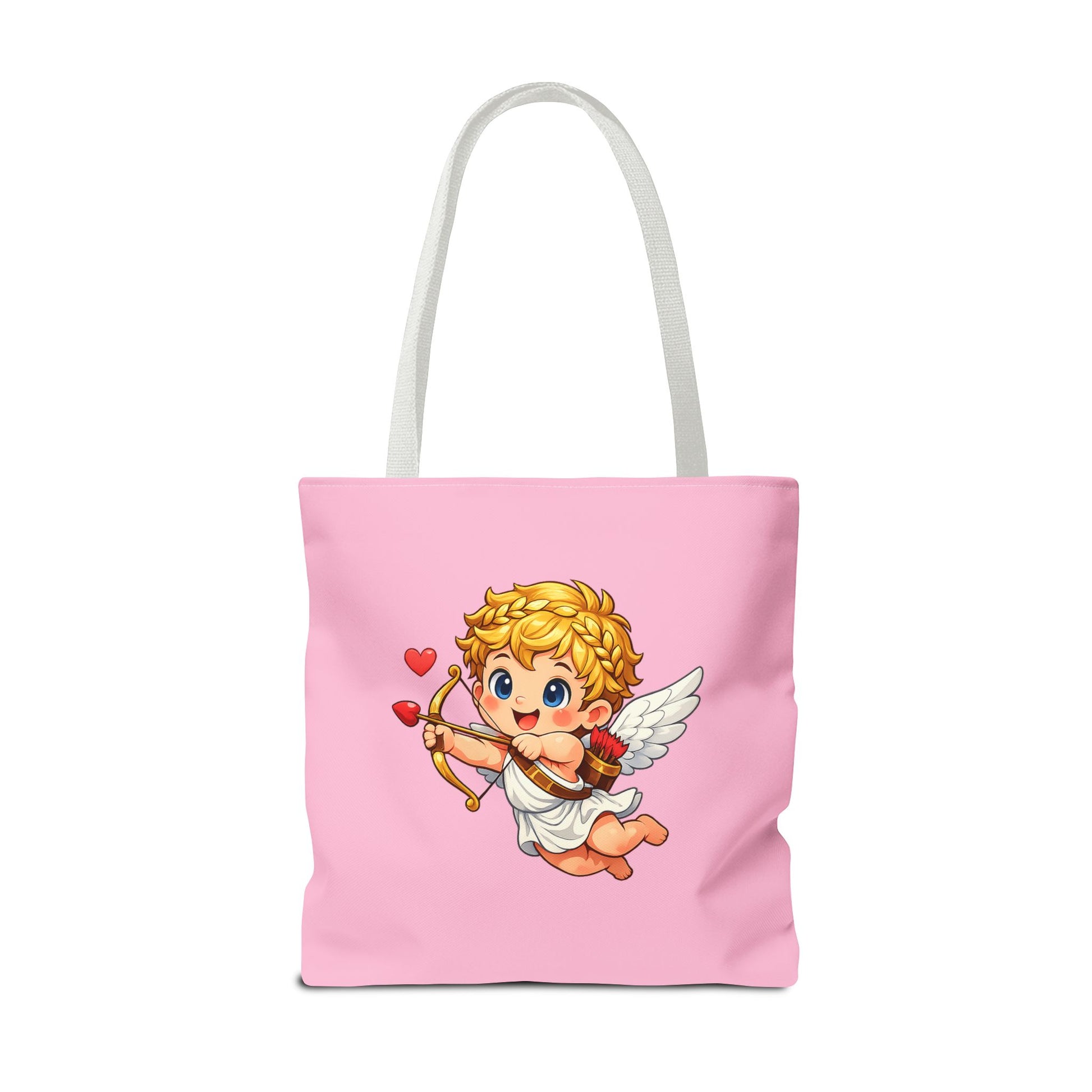 Pink tote bag with cartoon cupid design on a white background