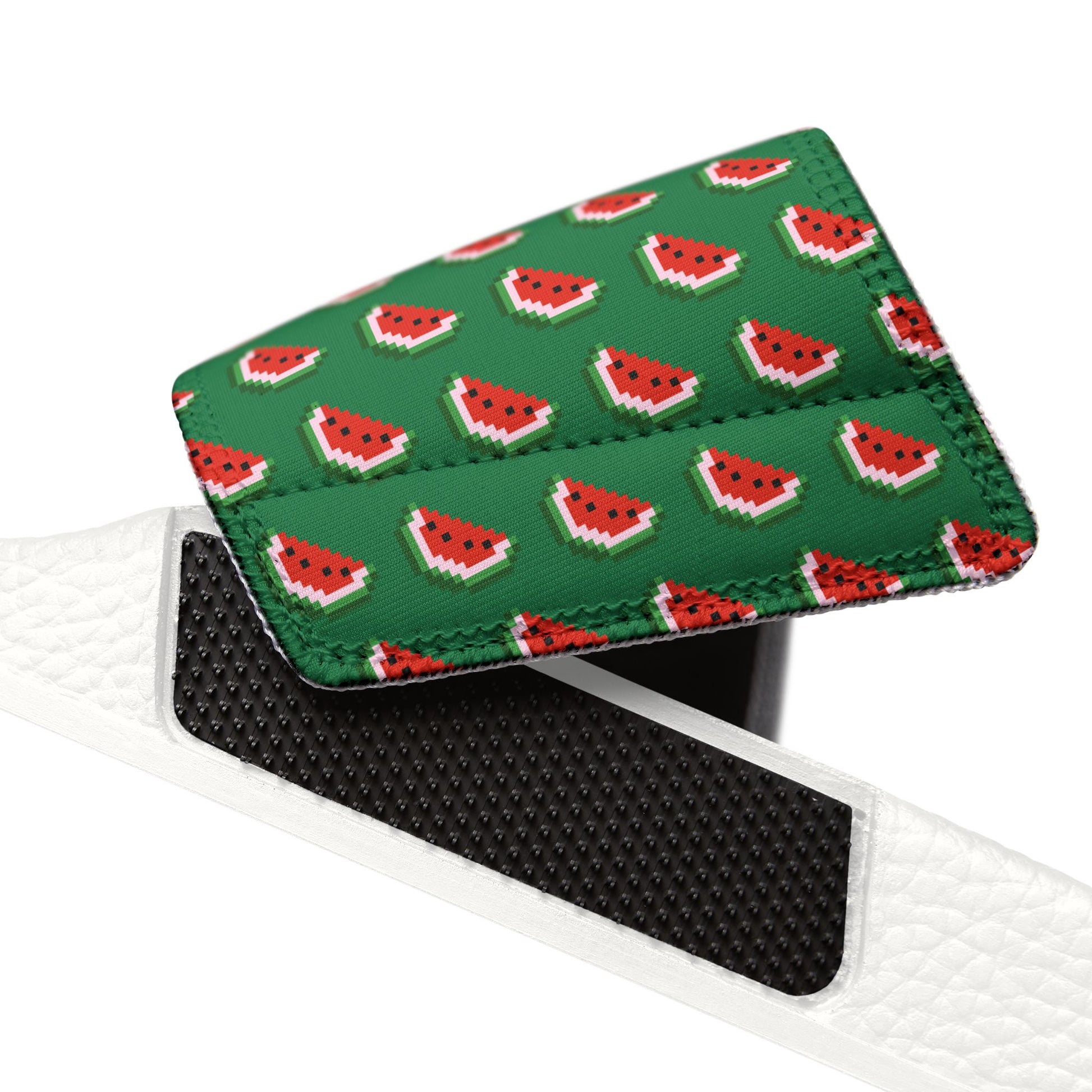 Close-up angled view of Watermelon White Slide Sandal strap with repeating watermelon design.
