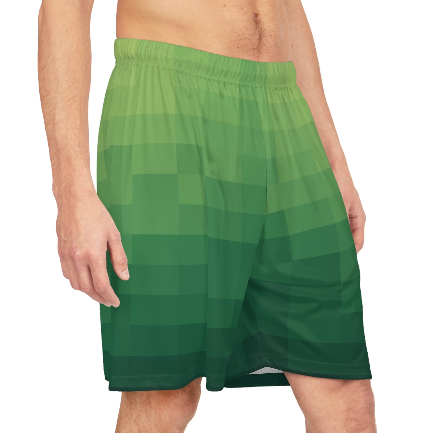 8-bit Green Basketball Shorts worn by male model front view