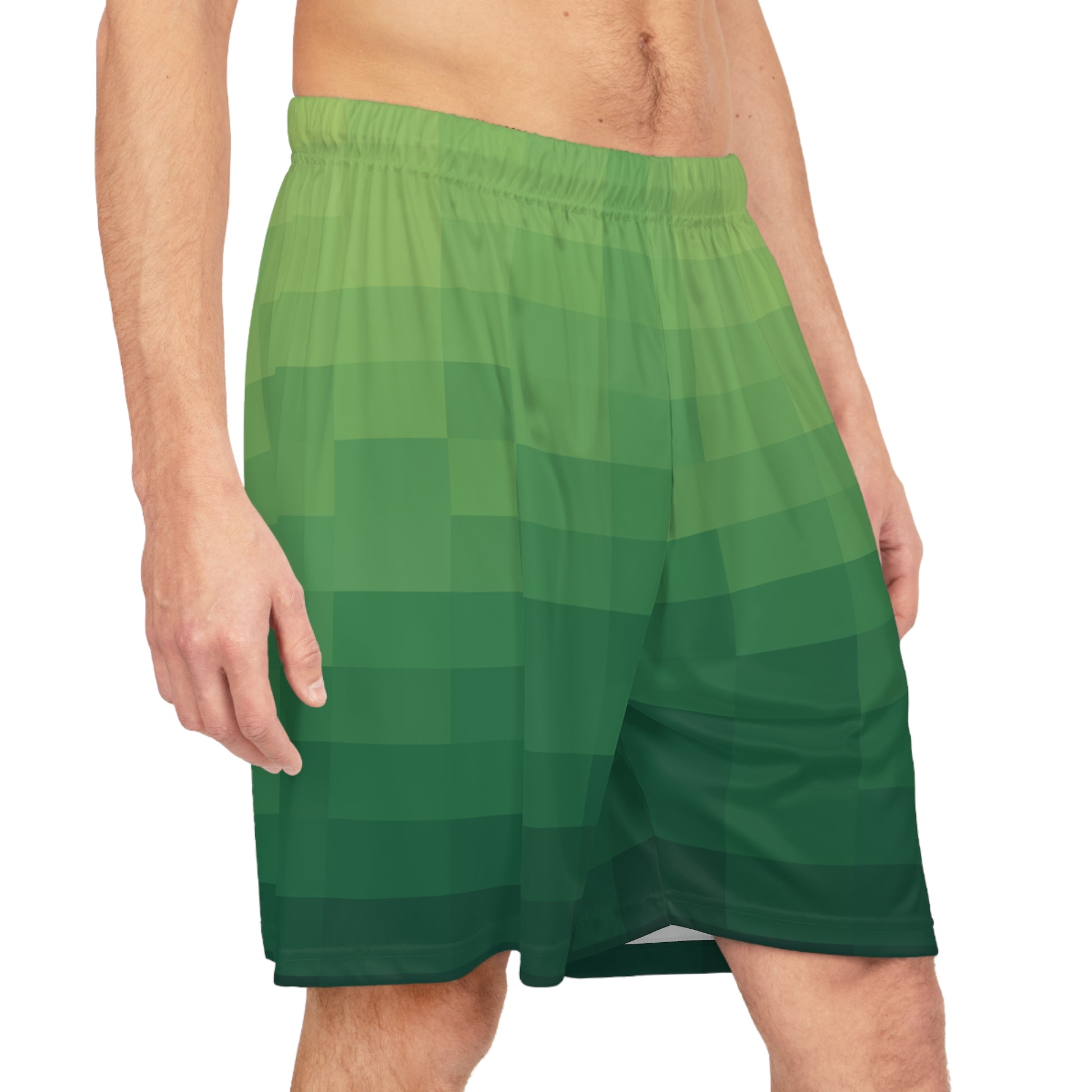 8-bit Green Basketball Shorts worn by male model front view