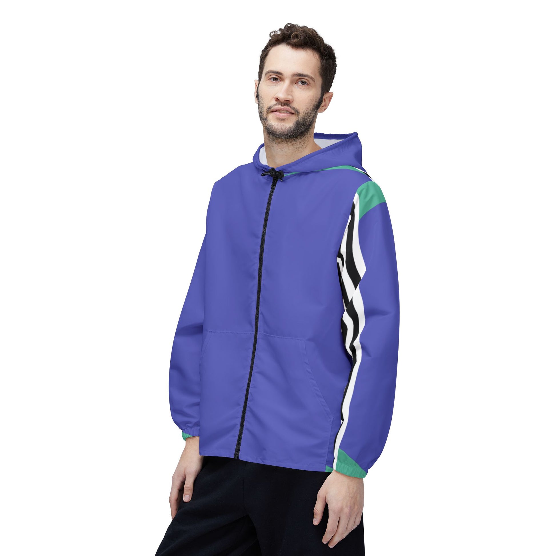 Male model wearing Retro Lines Windbreaker Jacket front view with blue body and striped sleeve.