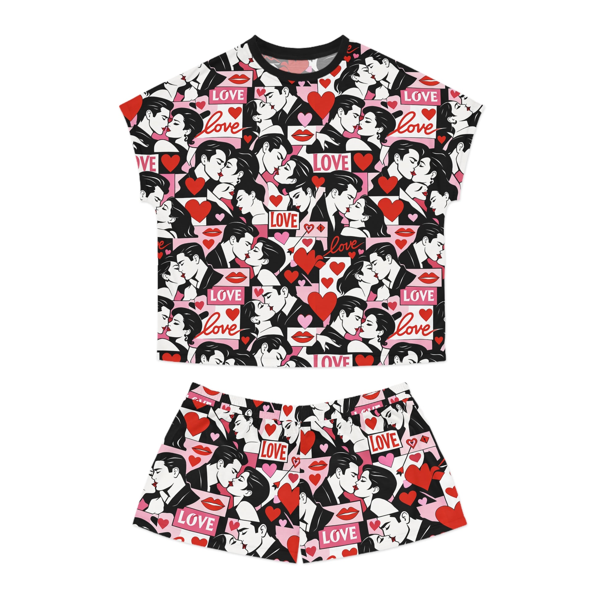 Front view of women’s retro love print pajama set with cropped tee and matching shorts