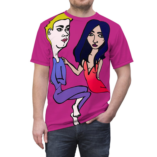 Front view of the Julia and Marcus Unisex T-Shirt worn by a male model, showing the full illustrated couple graphic in bold colors.