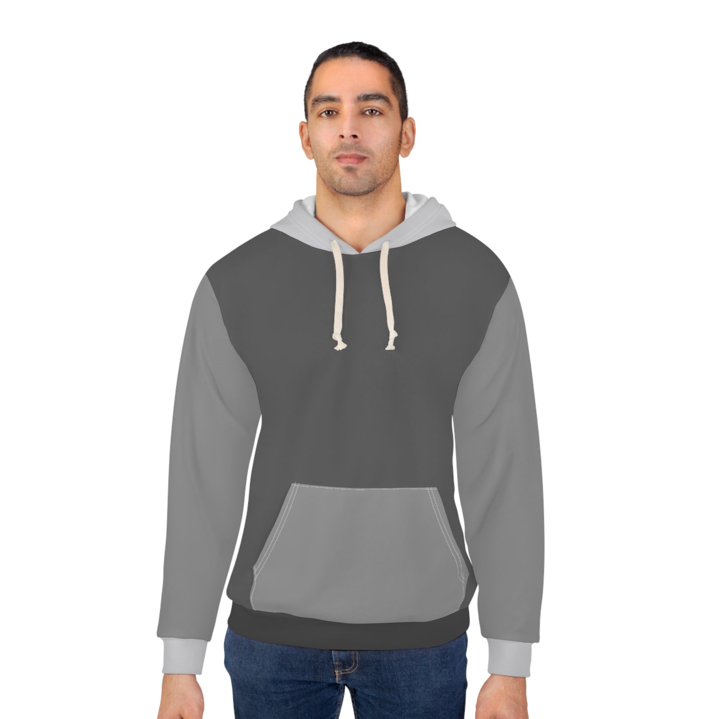 Male model wearing Storm Unisex Hoodie displaying classic fit, charcoal and light gray tones, and trendy streetwear look