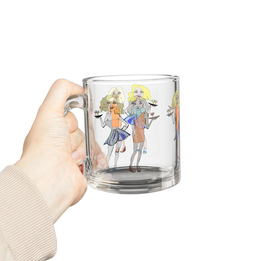 Hand holding 10oz waitress glass mug with original hand-drawn art of two servers.