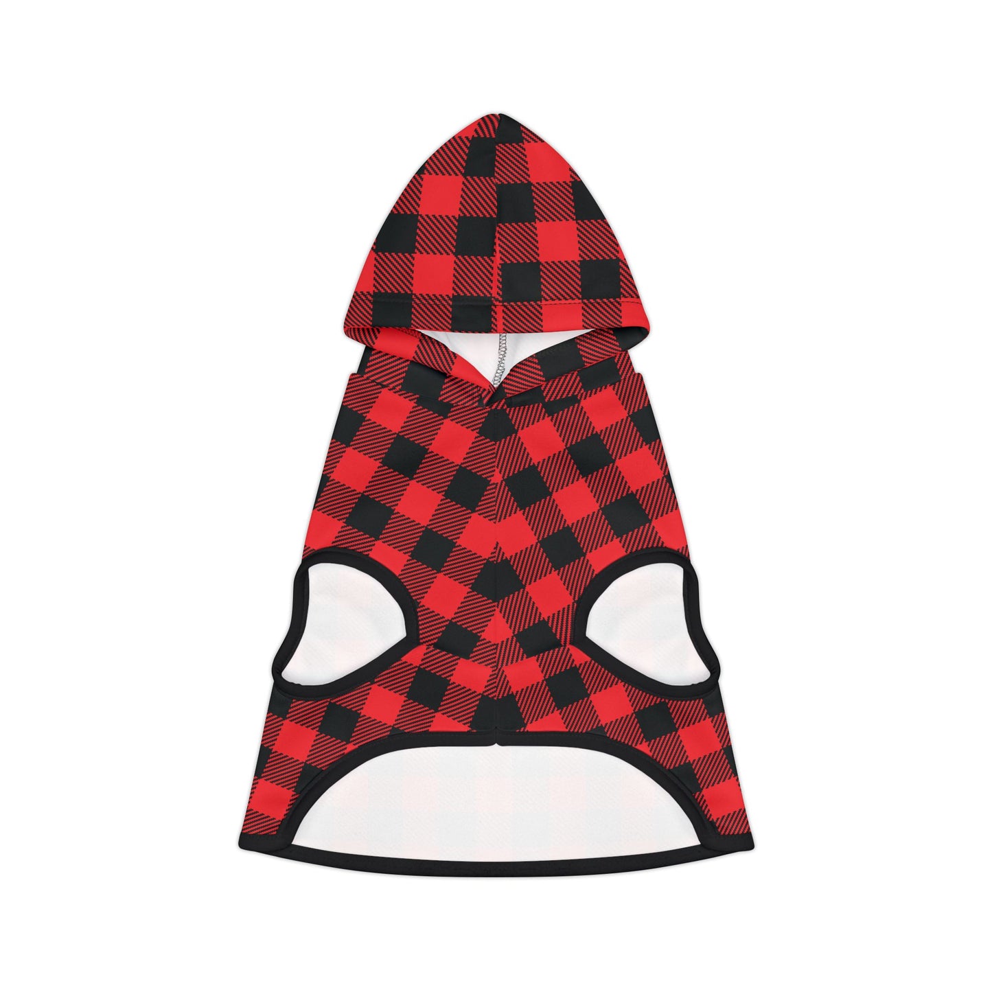 Red buffalo plaid dog hoodie front view with hood