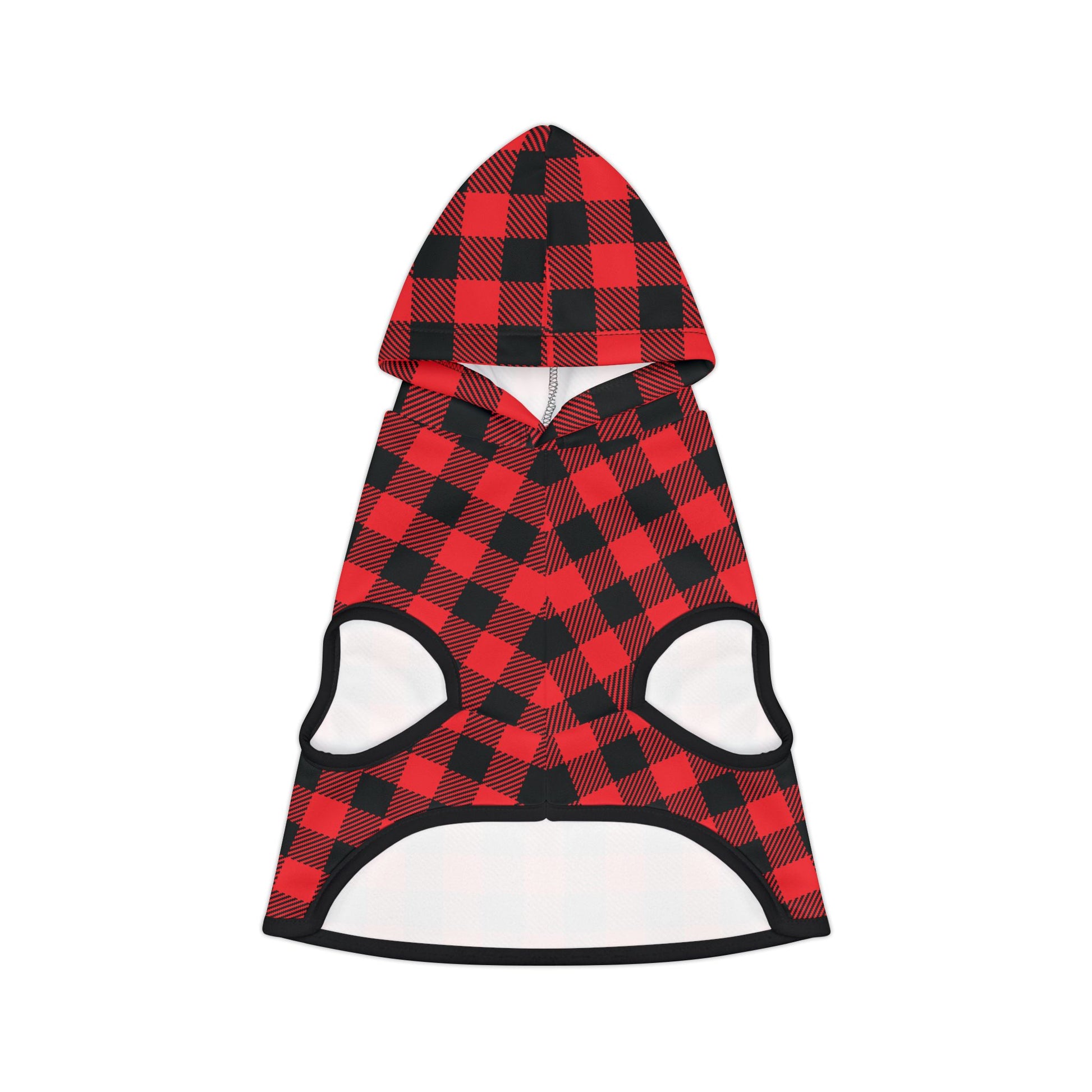 Red buffalo plaid dog hoodie front view with hood