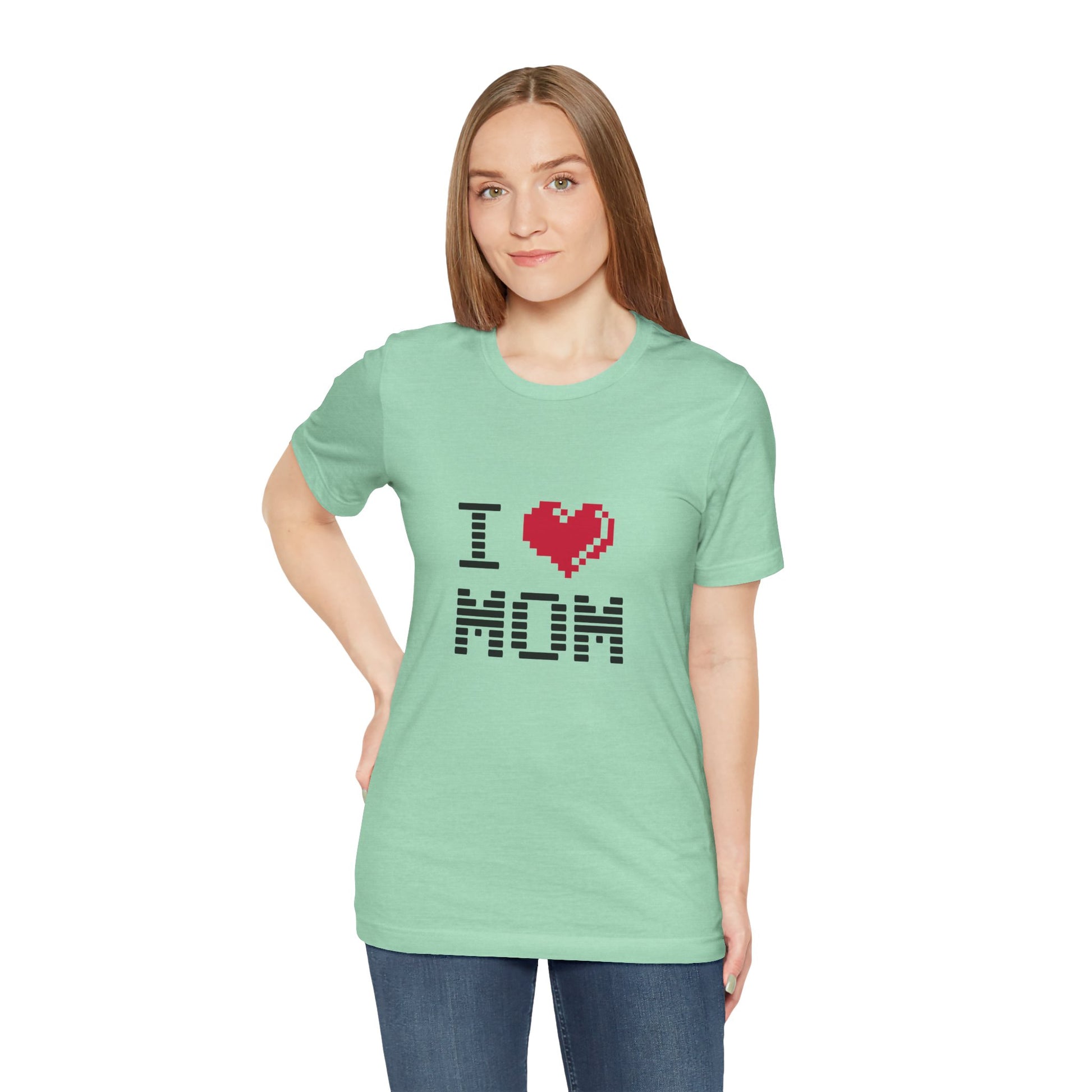 Woman wearing a light green t-shirt with 'I ❤️ MOM' text on a white background